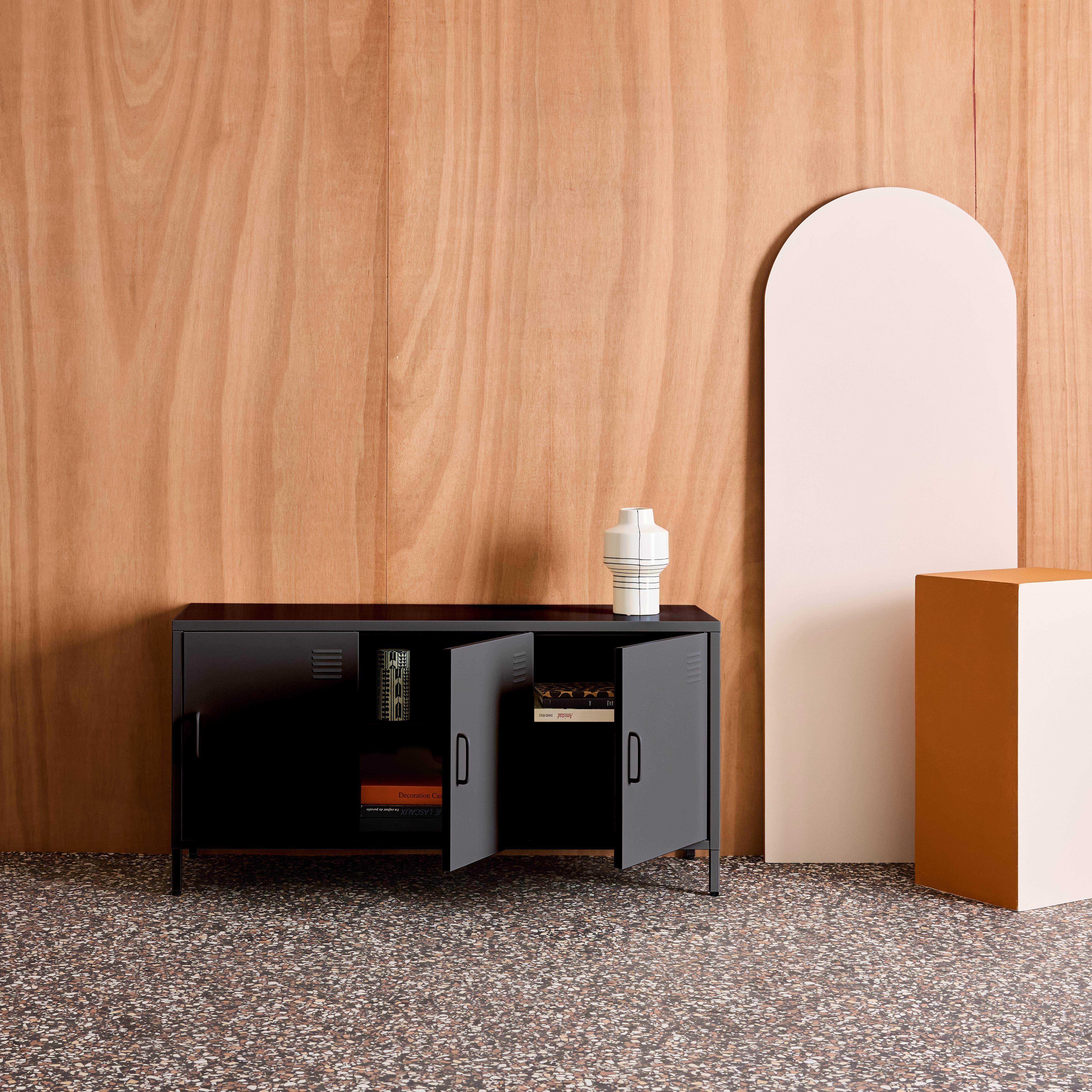 Mueble de TV industrial de metal con 3 puertas, 120cm, Alabama, Negro, 120x40x60 cm Photo3