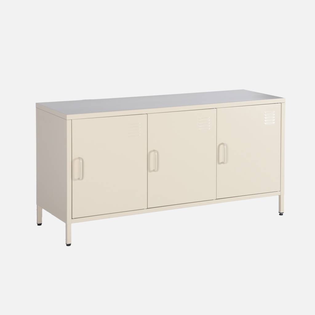 Móvel de TV industrial de metal com 3 portas, 120cm, Creme