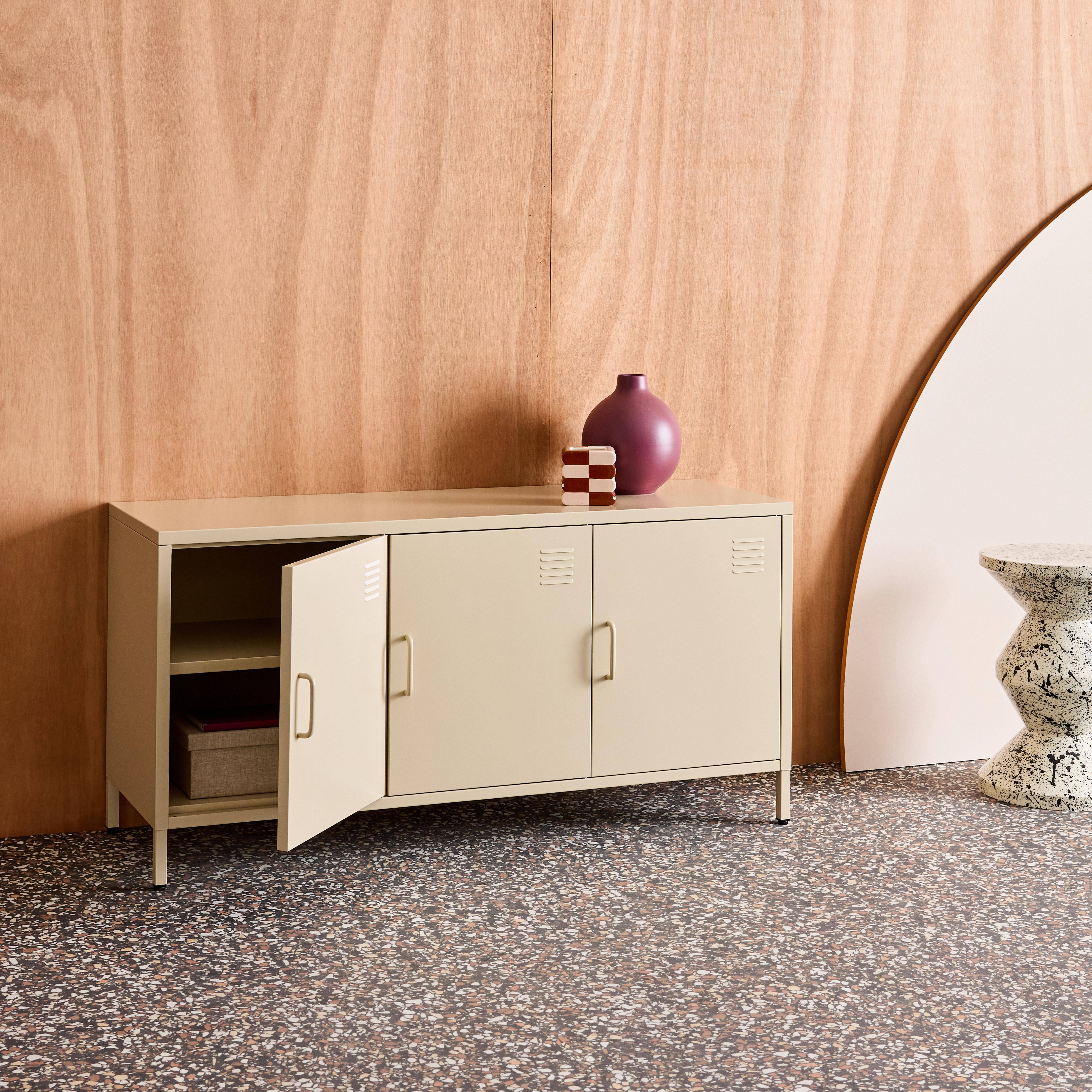 Industrial Metal TV Stand with 3 Doors 120cm, Alabama, Cream, 120x40x60 cm,sweeek,Photo4