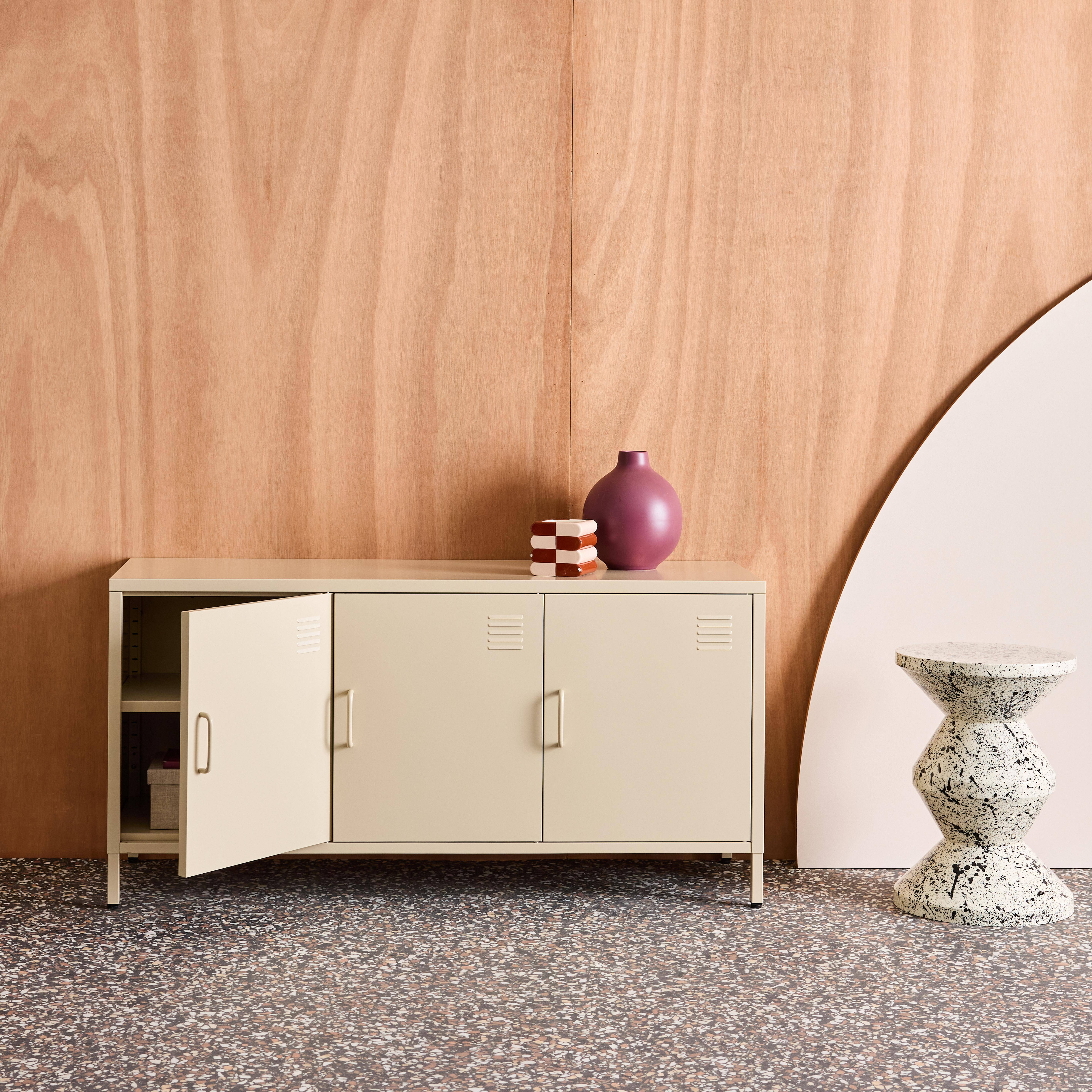 Industrial Metal TV Stand with 3 Doors 120cm, Alabama, Cream, 120x40x60 cm Photo2