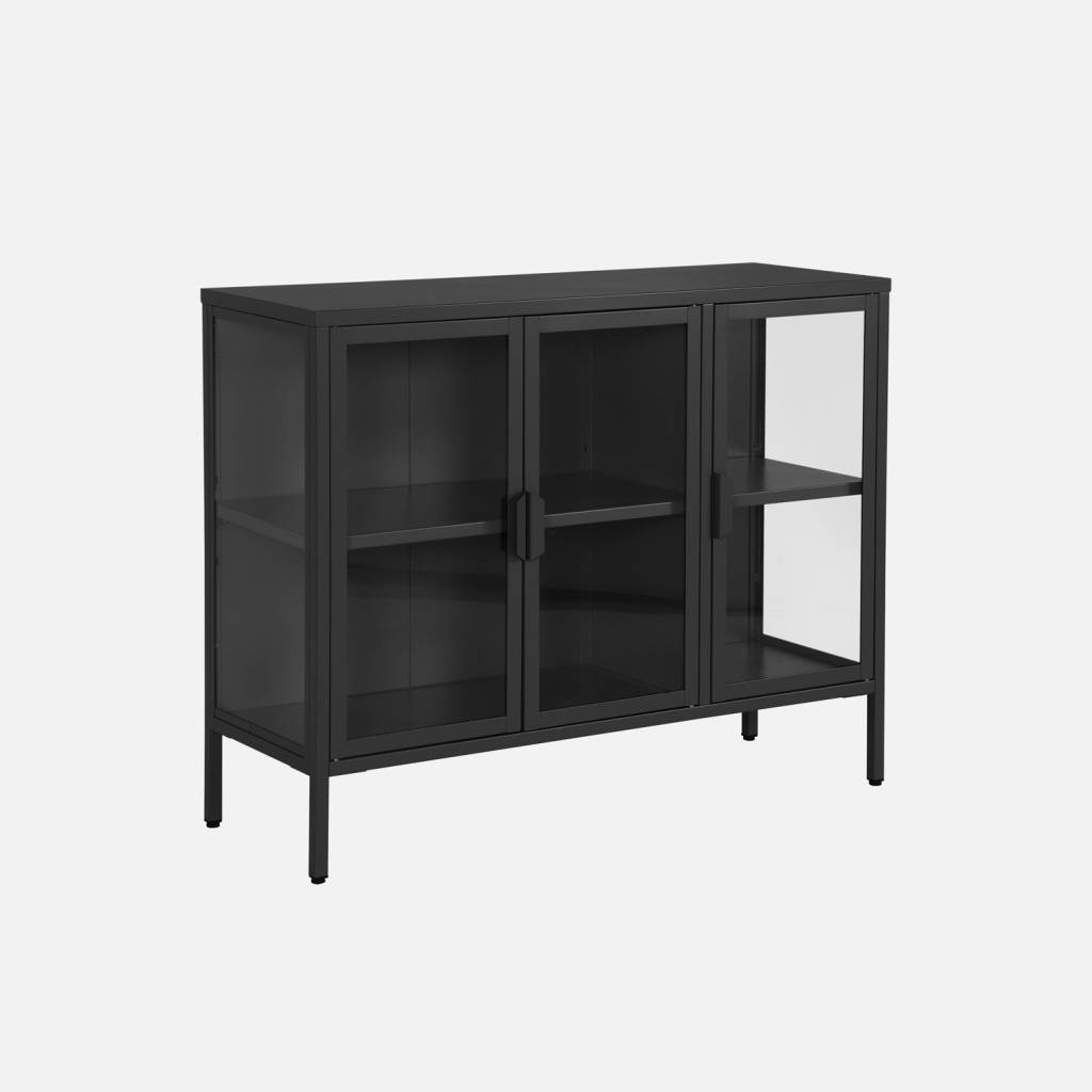 Aparador industrial de metal y vidrio templado 3 puertas, 100cm