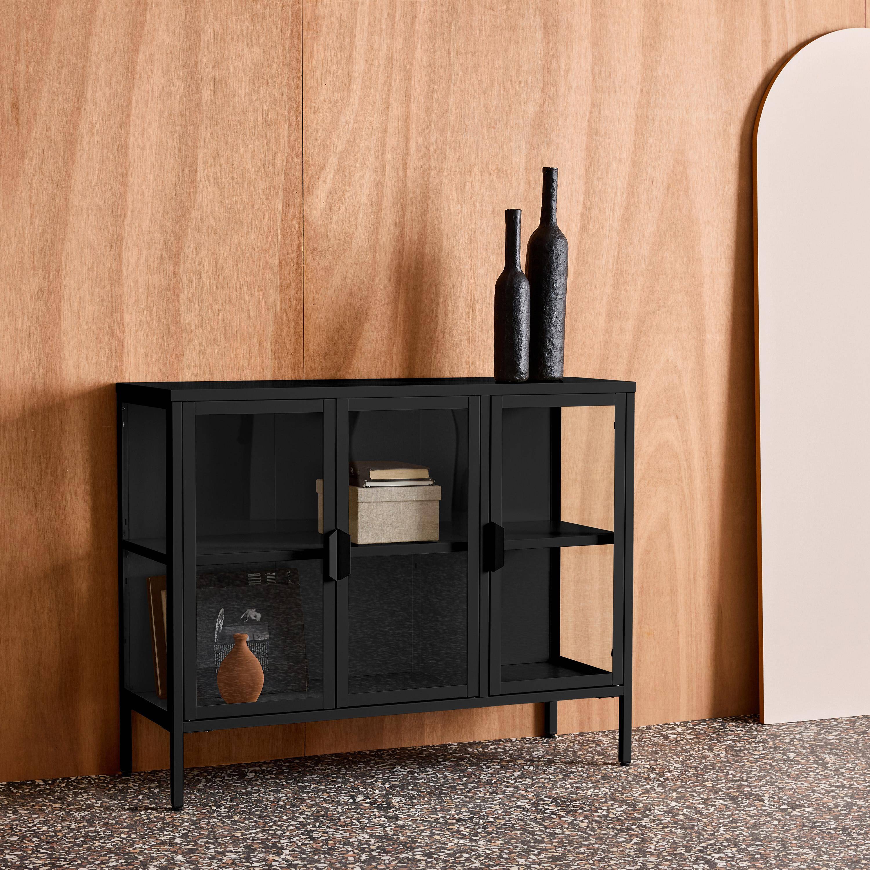 Credenza industriale in metallo e vetro temperato 3 ante, 100cm Nero - 100x35x80 cm,sweeek,Photo3