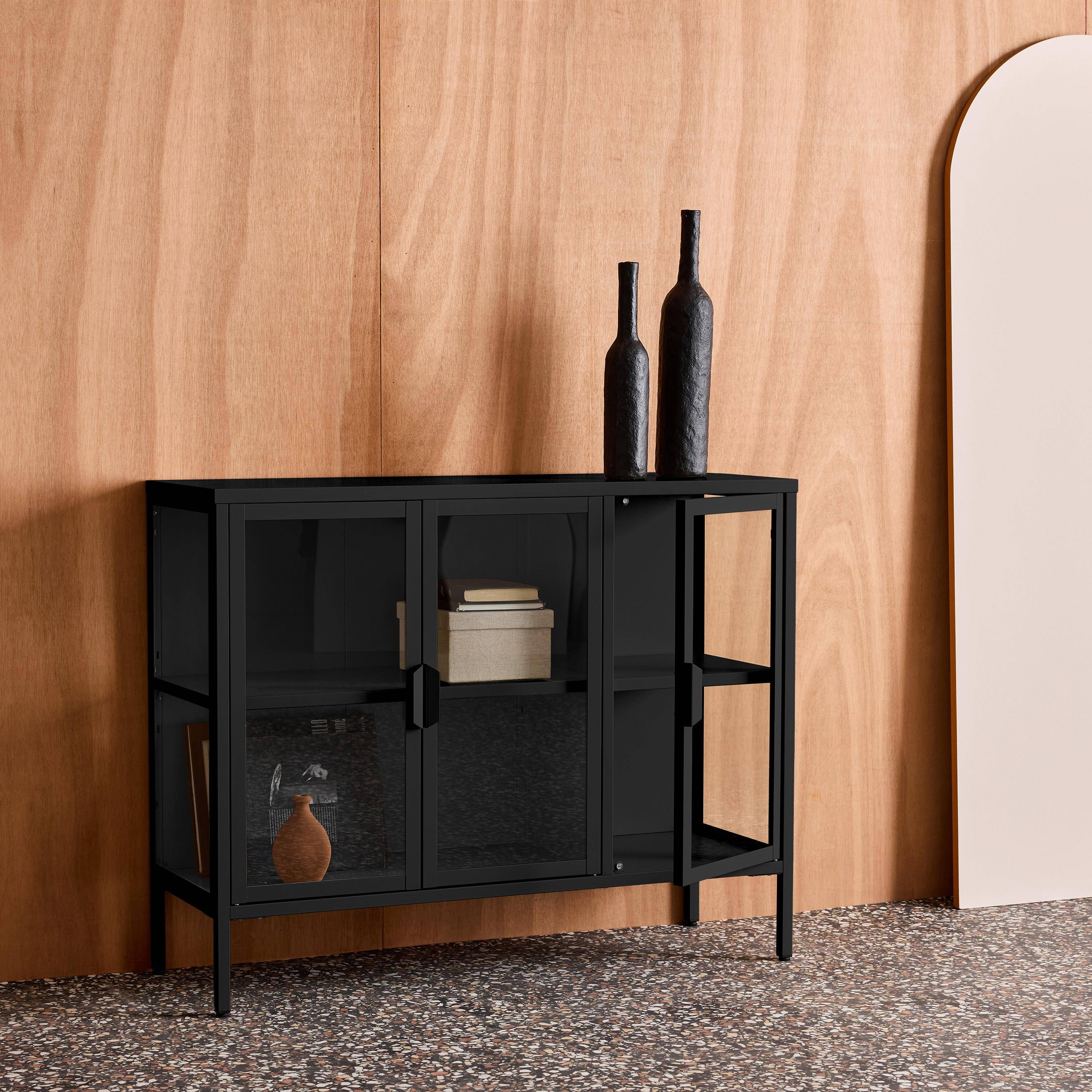 Credenza industriale in metallo e vetro temperato 3 ante, 100cm Nero - 100x35x80 cm Photo4