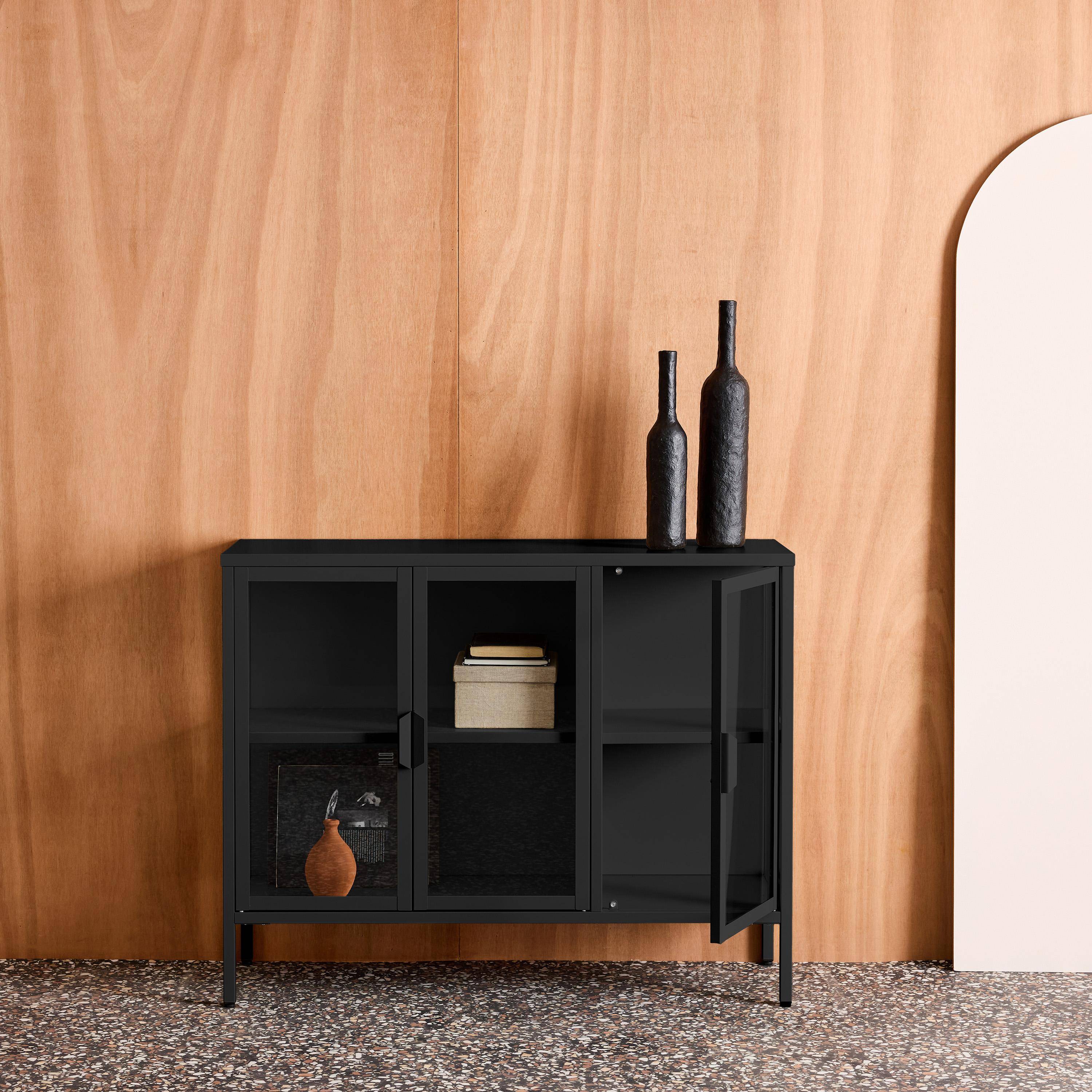 Credenza industriale in metallo e vetro temperato 3 ante, 100cm Nero - 100x35x80 cm Photo2