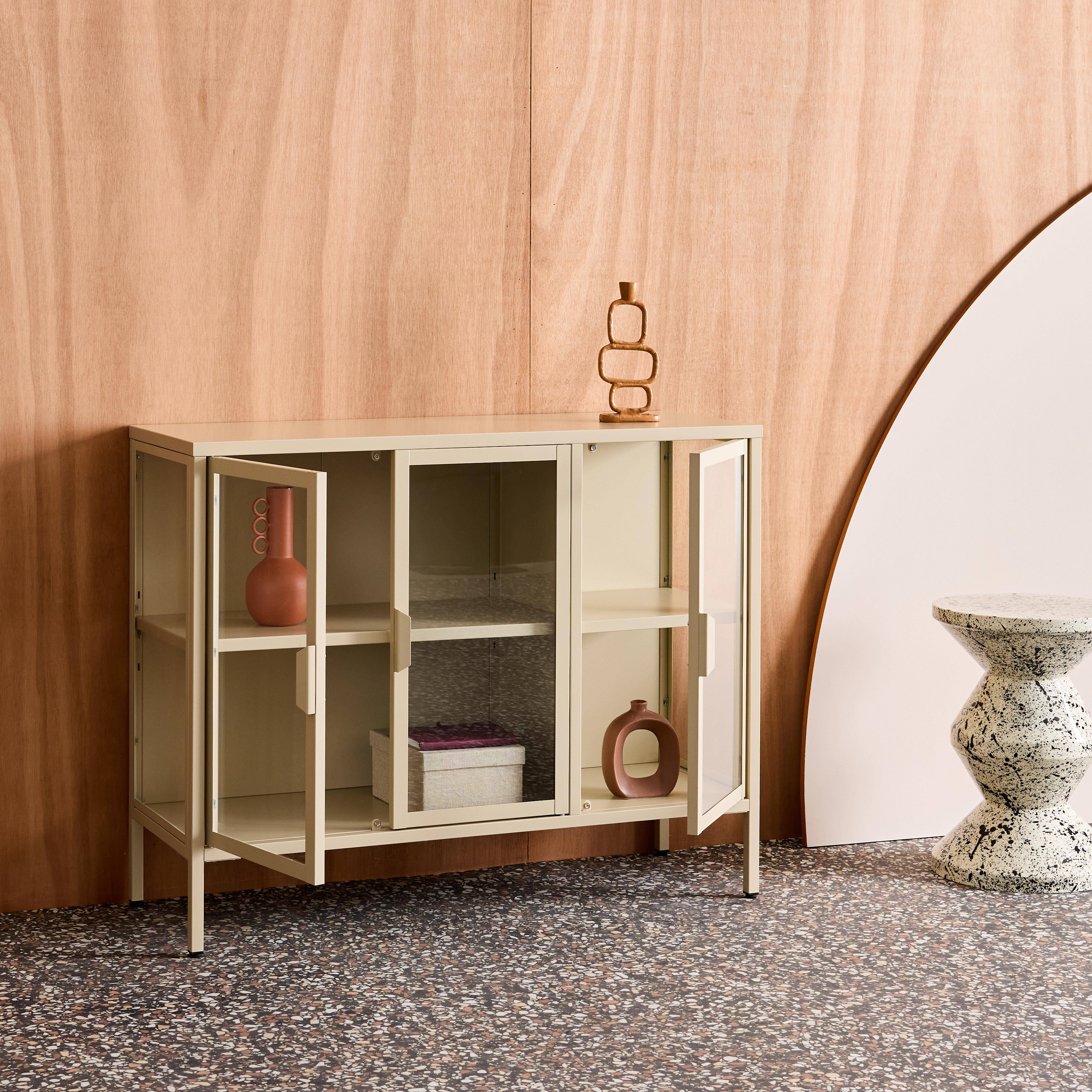 Industrial metal and tempered glass sideboard with 3 doors 100cm, Arkansas, Beige, 100x35x80 cm Photo4