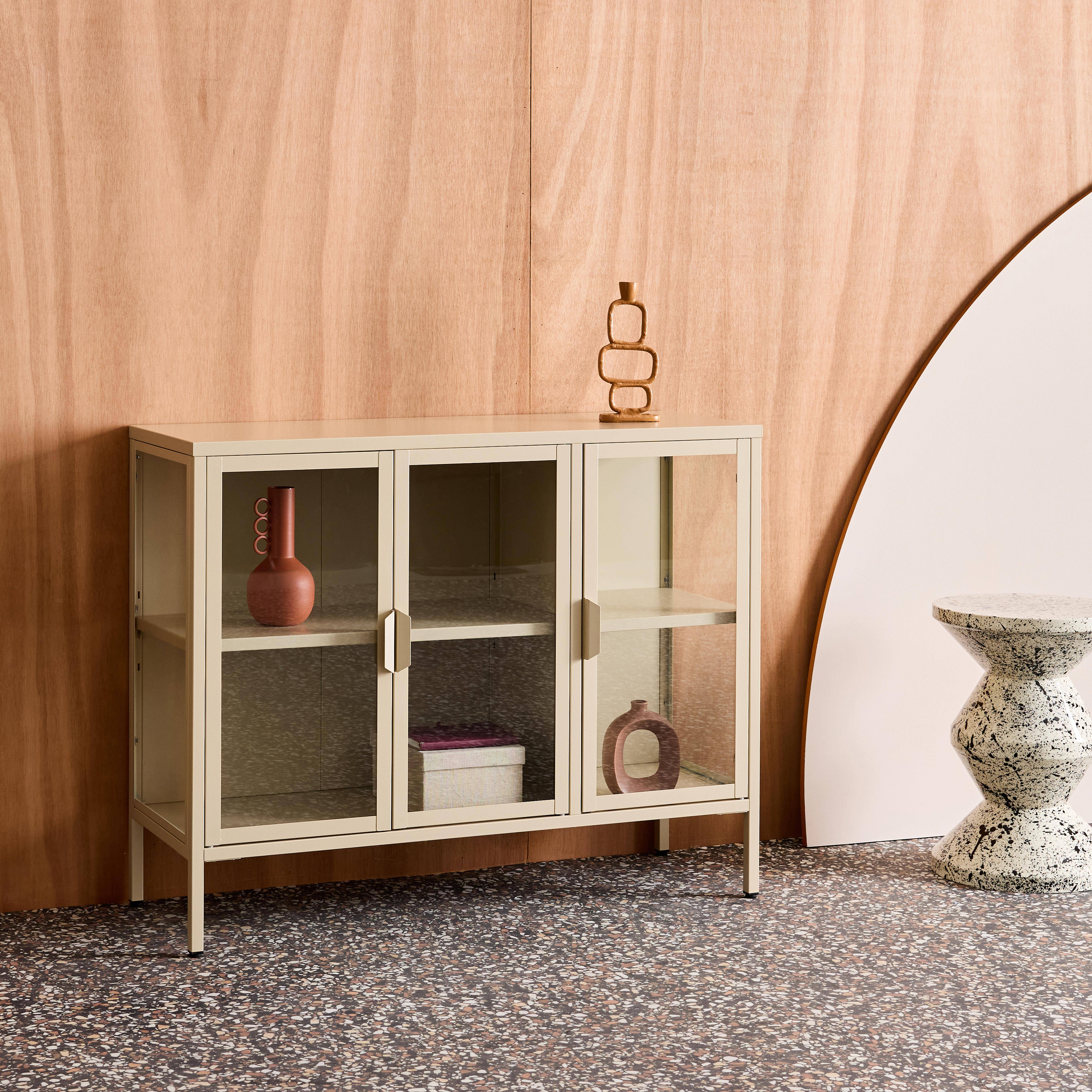 Industrial metal and tempered glass sideboard with 3 doors 100cm, Arkansas, Beige, 100x35x80 cm,sweeek,Photo6