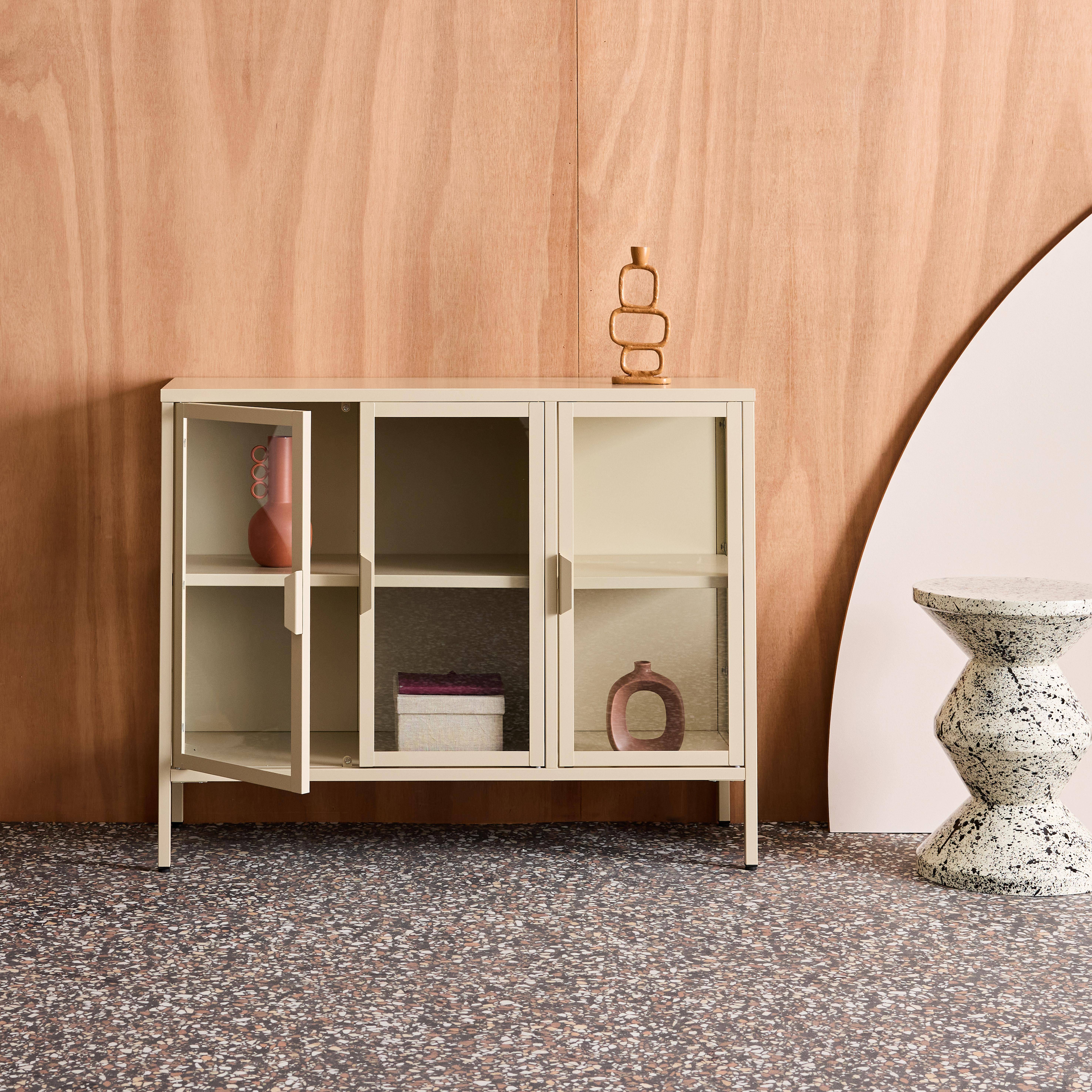 Industrial metal and tempered glass sideboard with 3 doors 100cm, Arkansas, Beige, 100x35x80 cm,sweeek,Photo2