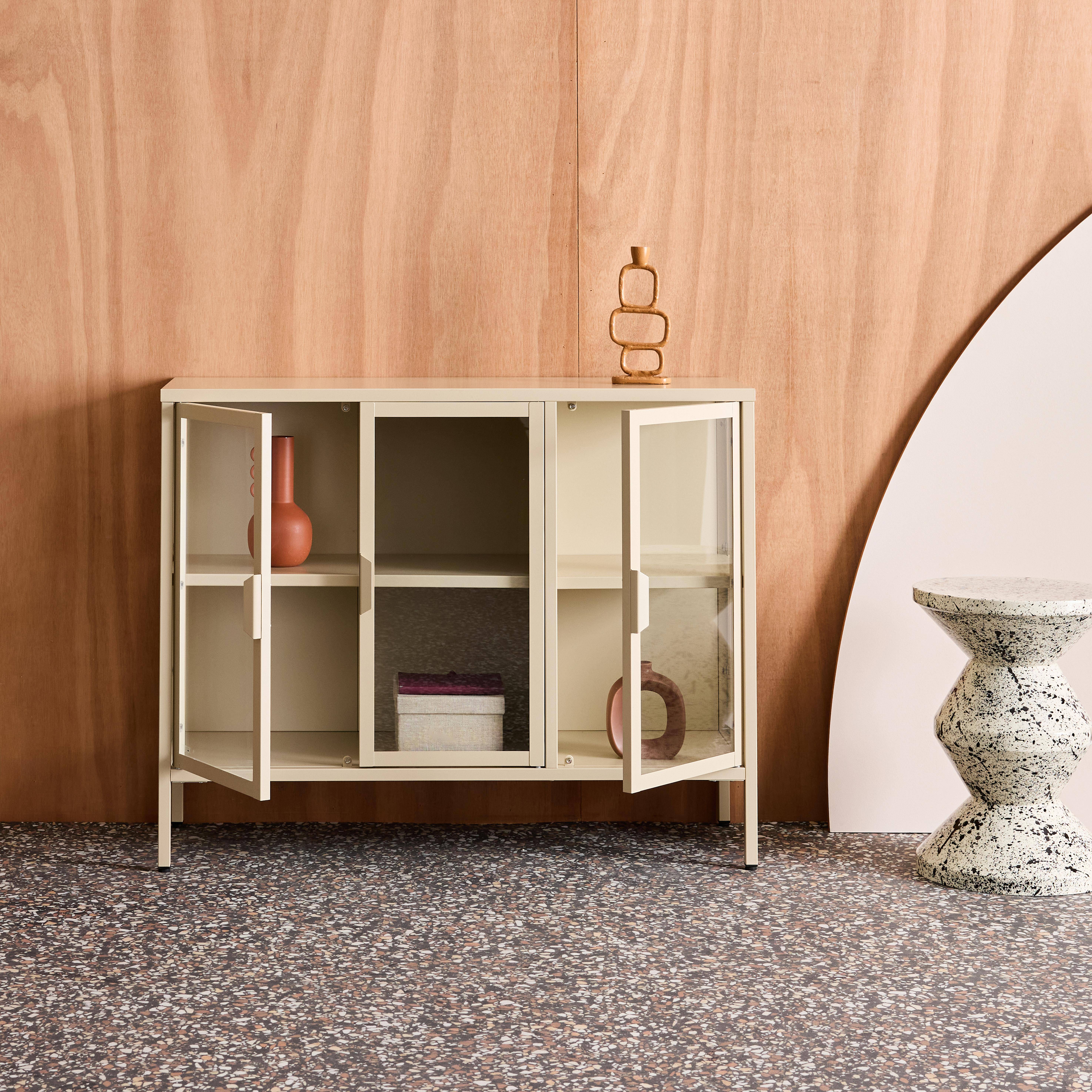 Industrial metal and tempered glass sideboard with 3 doors 100cm, Arkansas, Beige, 100x35x80 cm,sweeek,Photo3