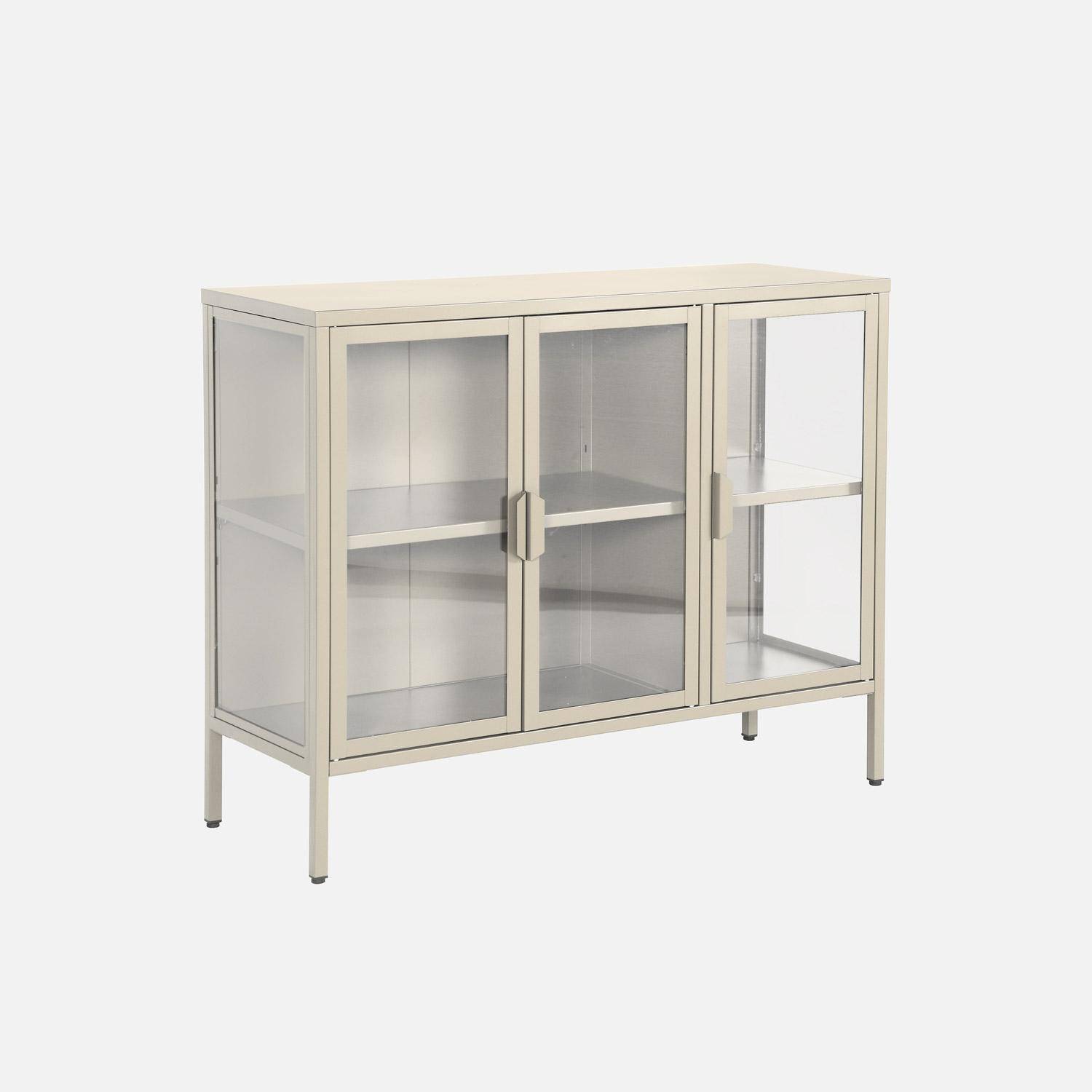 Buffet industriel métal et verre trempé 3 portes 100cm beige - Arkansas Photo1