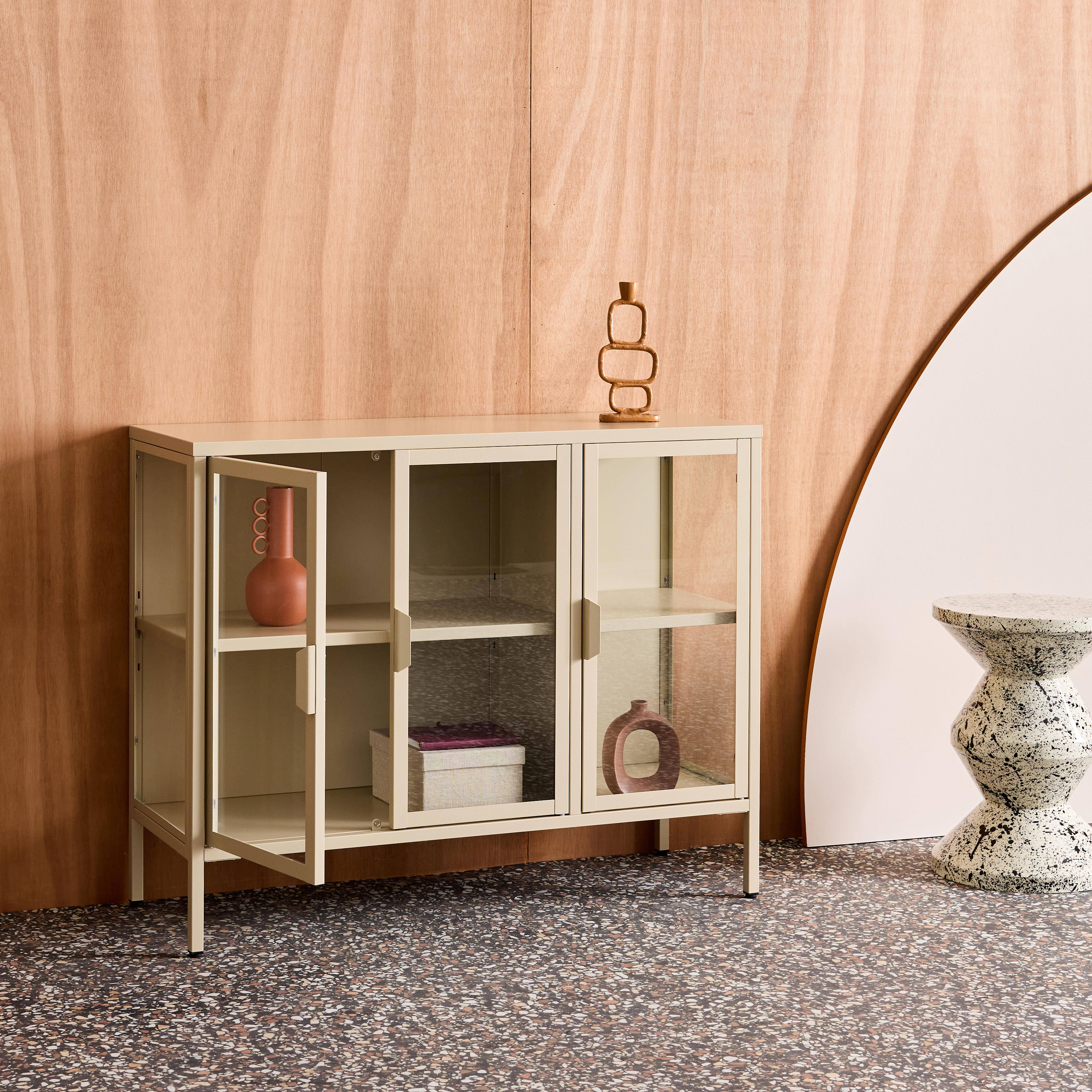 Industrial metal and tempered glass sideboard with 3 doors 100cm, Arkansas, Beige, 100x35x80 cm,sweeek,Photo5