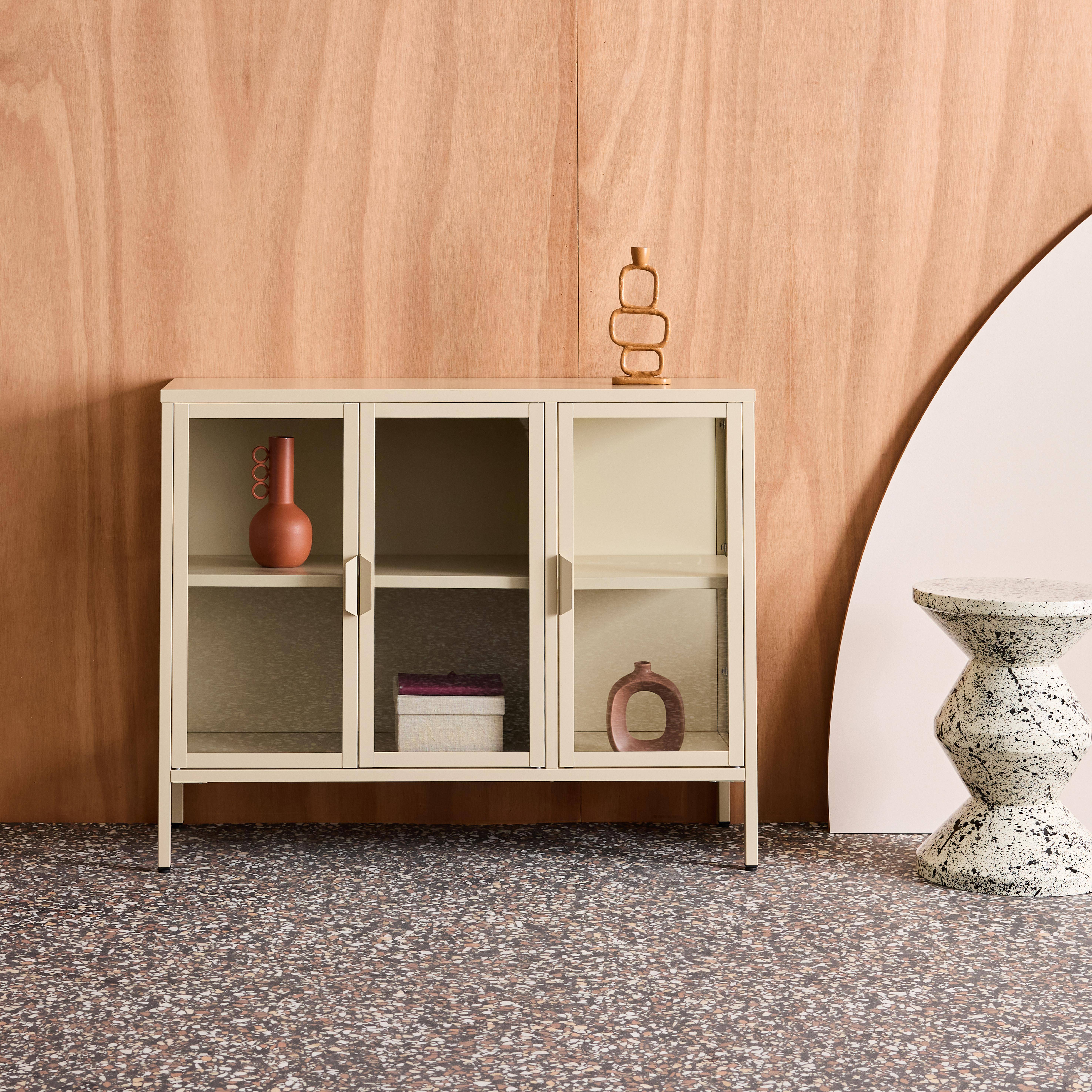 Industrial metal and tempered glass sideboard with 3 doors 100cm, Arkansas, Beige, 100x35x80 cm Photo1