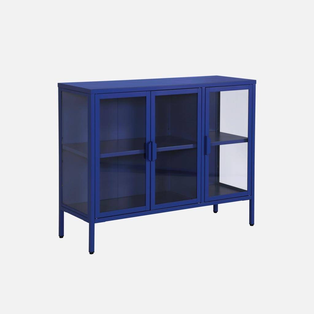 Dressoir met vitrine staal en gehard glas 3 deuren 100cm blauw 100 x 35 x 80,5cm - Arkansas,sweeek,Photo9