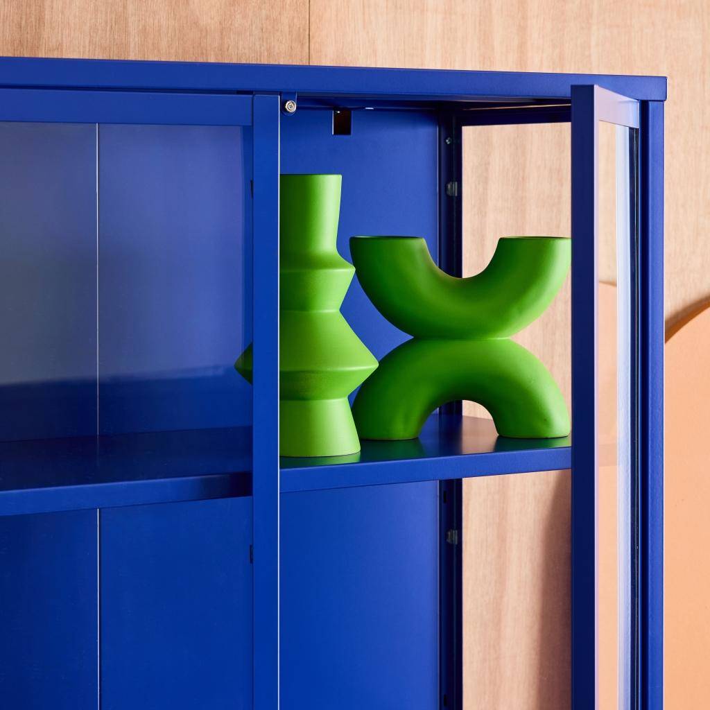 Dressoir met vitrine staal en gehard glas 3 deuren 100cm blauw 100 x 35 x 80,5cm - Arkansas,sweeek,Photo8