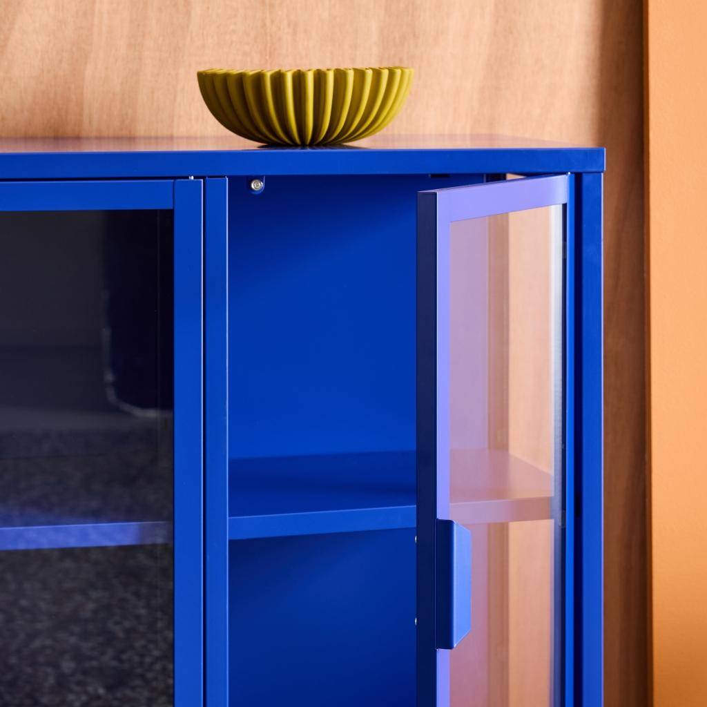 Dressoir met vitrine staal en gehard glas 3 deuren 100cm blauw 100 x 35 x 80,5cm - Arkansas Photo6