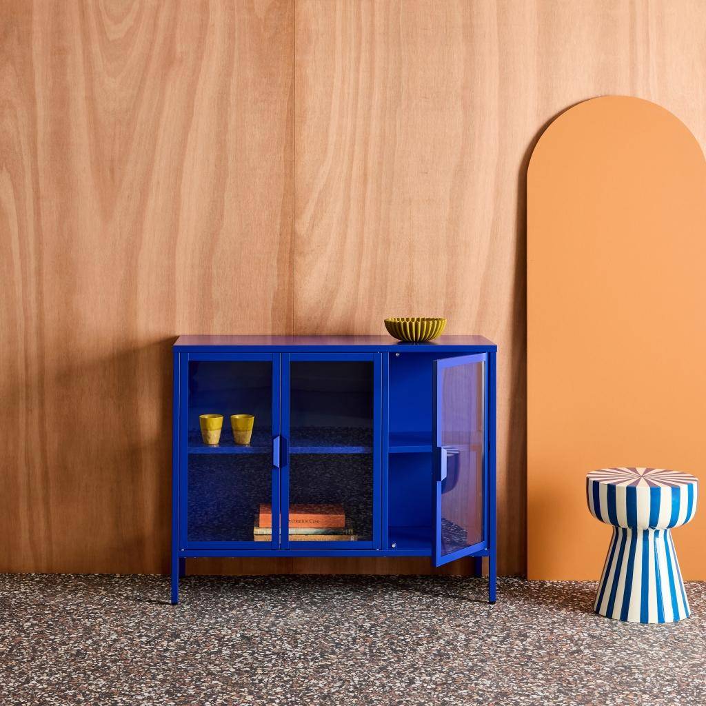 Dressoir met vitrine staal en gehard glas 3 deuren 100cm blauw 100 x 35 x 80,5cm - Arkansas Photo2