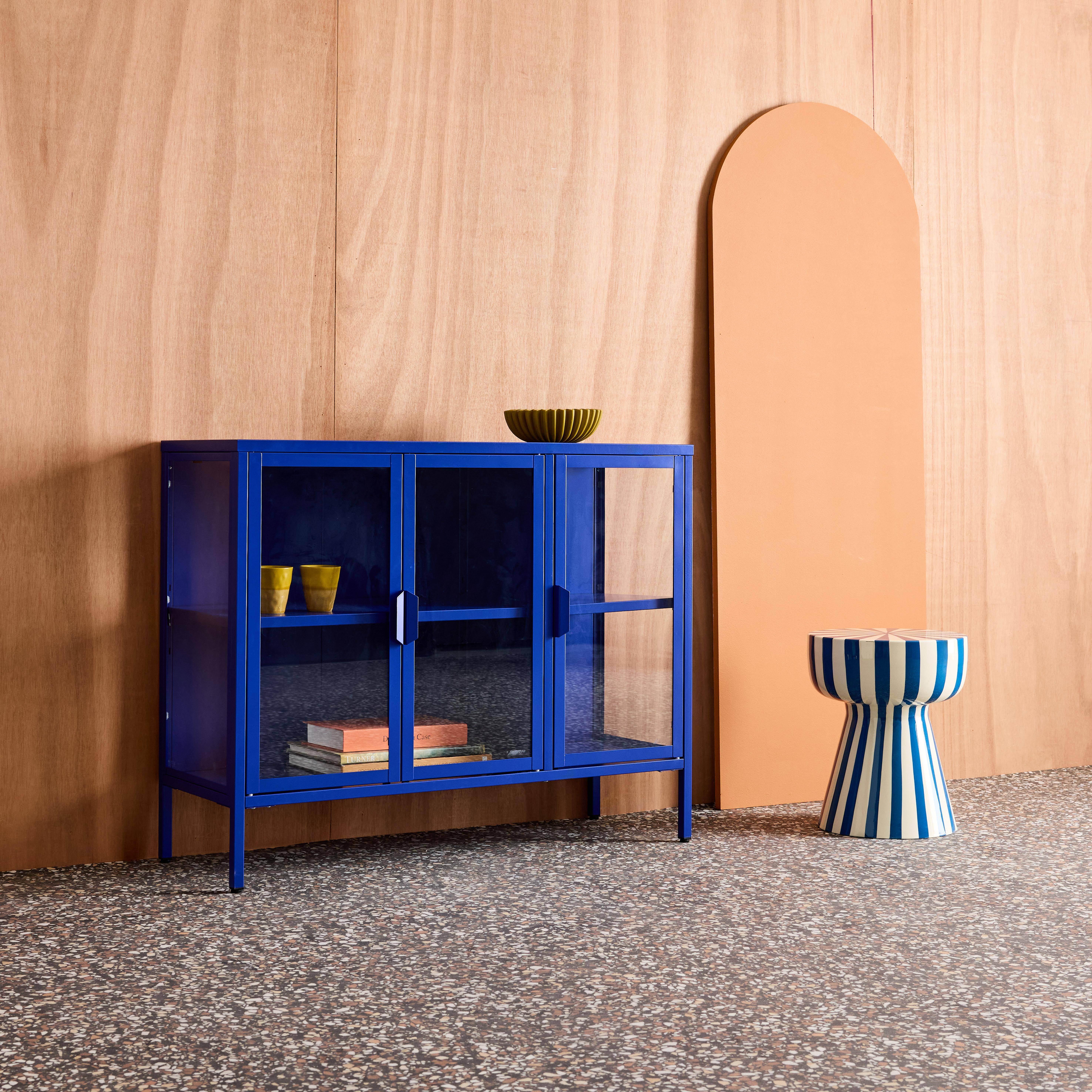 Industrial metal and tempered glass sideboard with 3 doors 100cm, Arkansas, Blue, 100x35x80 cm,sweeek,Photo3