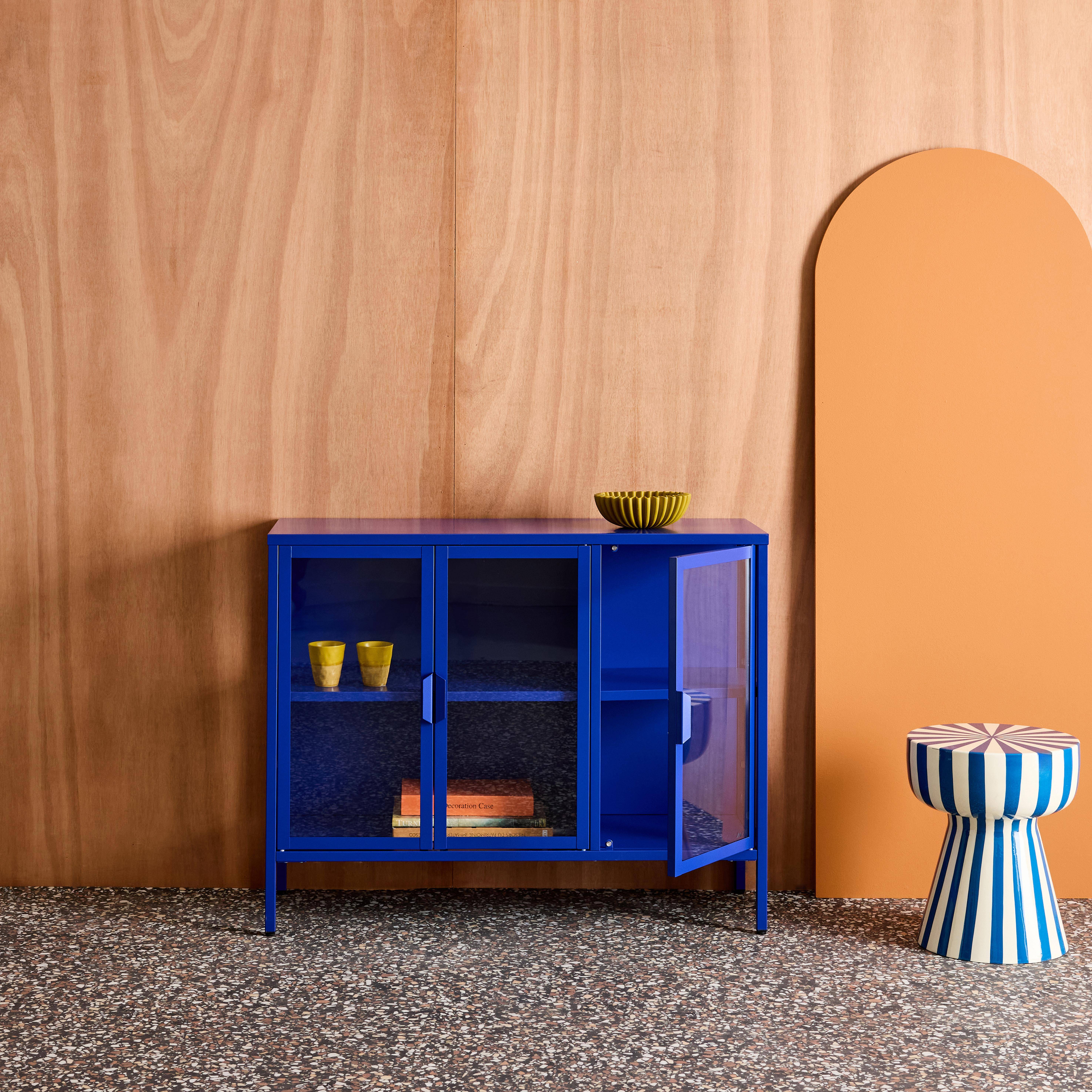 Industrial metal and tempered glass sideboard with 3 doors 100cm, Arkansas, Blue, 100x35x80 cm,sweeek,Photo2