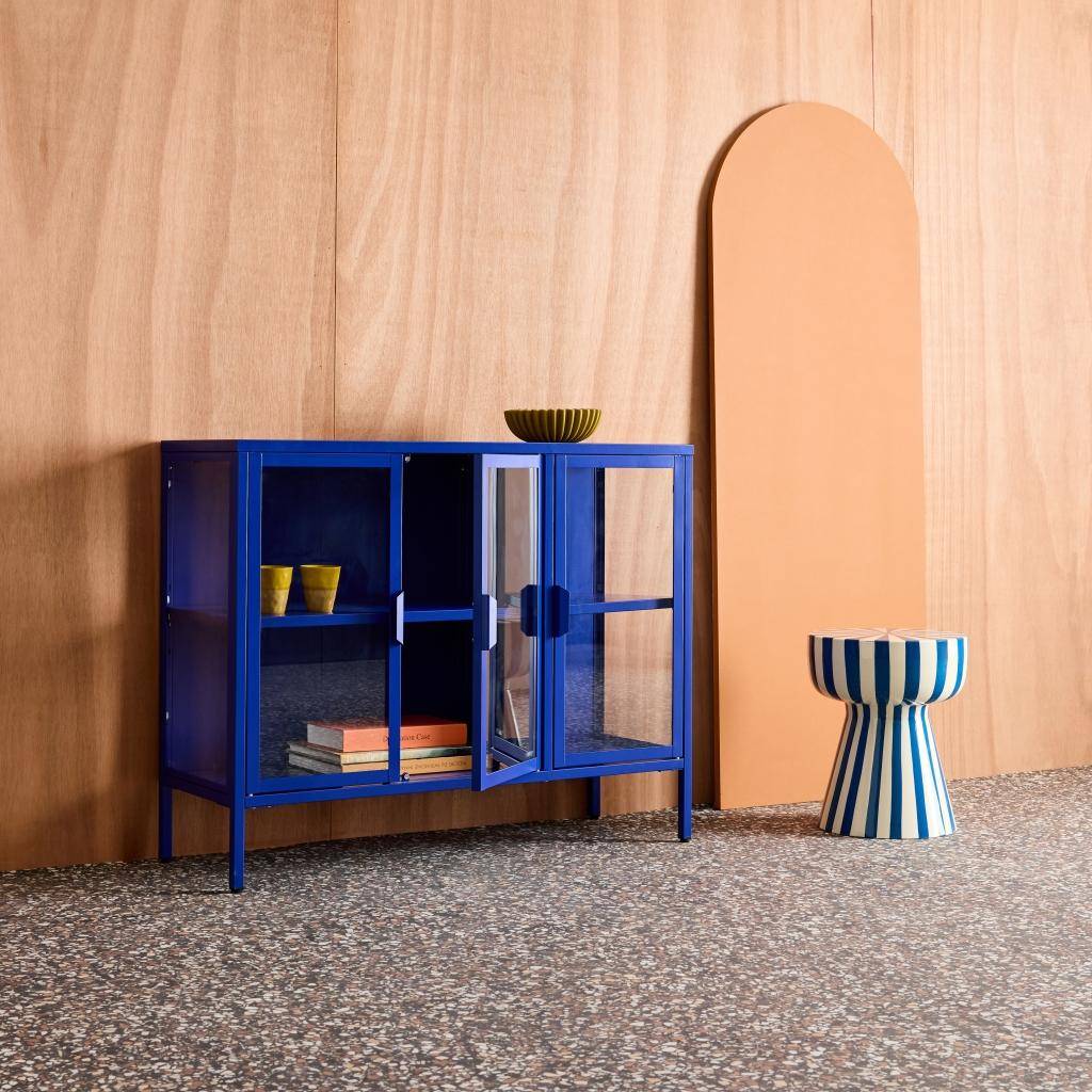 Dressoir met vitrine staal en gehard glas 3 deuren 100cm blauw 100 x 35 x 80,5cm - Arkansas Photo4