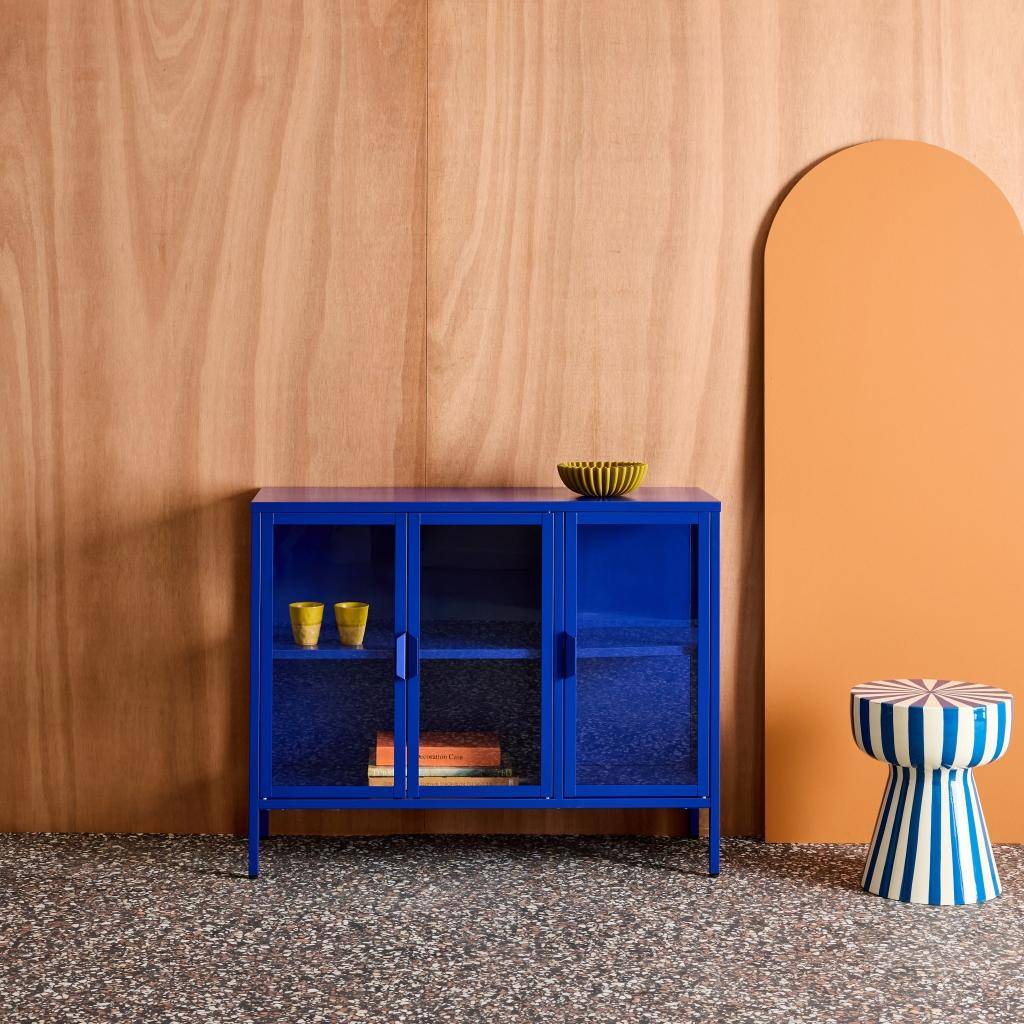 Dressoir met vitrine staal en gehard glas 3 deuren 100cm blauw 100 x 35 x 80,5cm - Arkansas,sweeek,Photo1