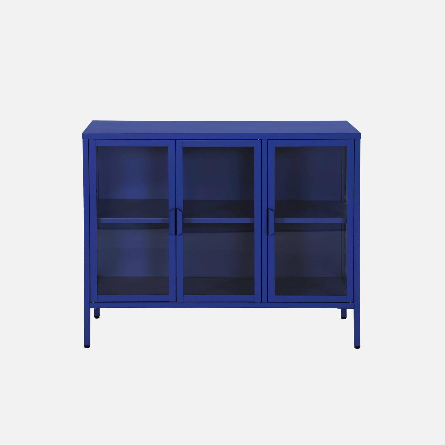 Buffet industriel métal et verre trempé 3 portes 100cm bleu - Arkansas,sweeek,Photo2