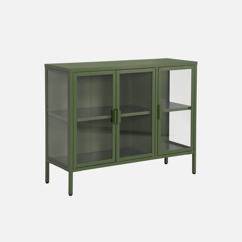 Aparador industrial de metal y vidrio templado 3 puertas, 100cm