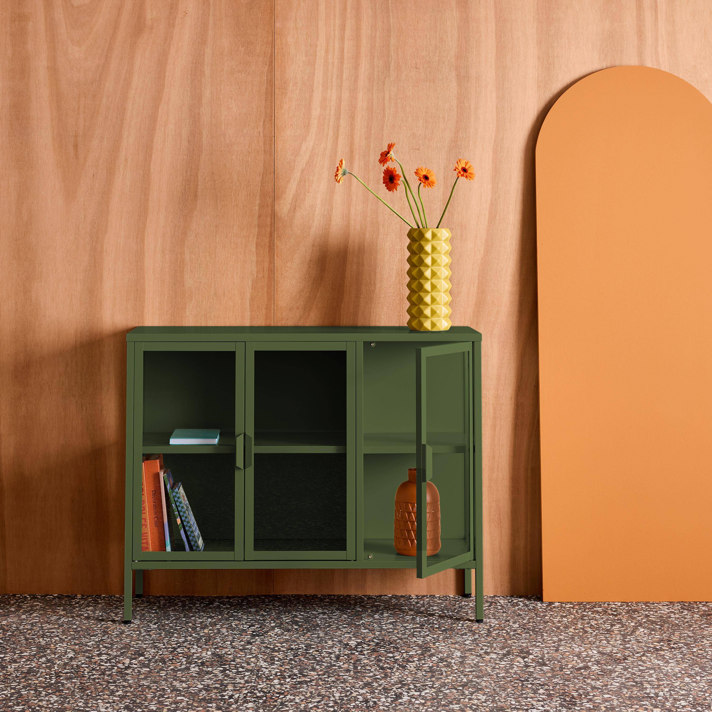 Aparador industrial de metal e vidro temperado 3 portas, 100cm Verde - 100x35x80 cm,sweeek,Photo2