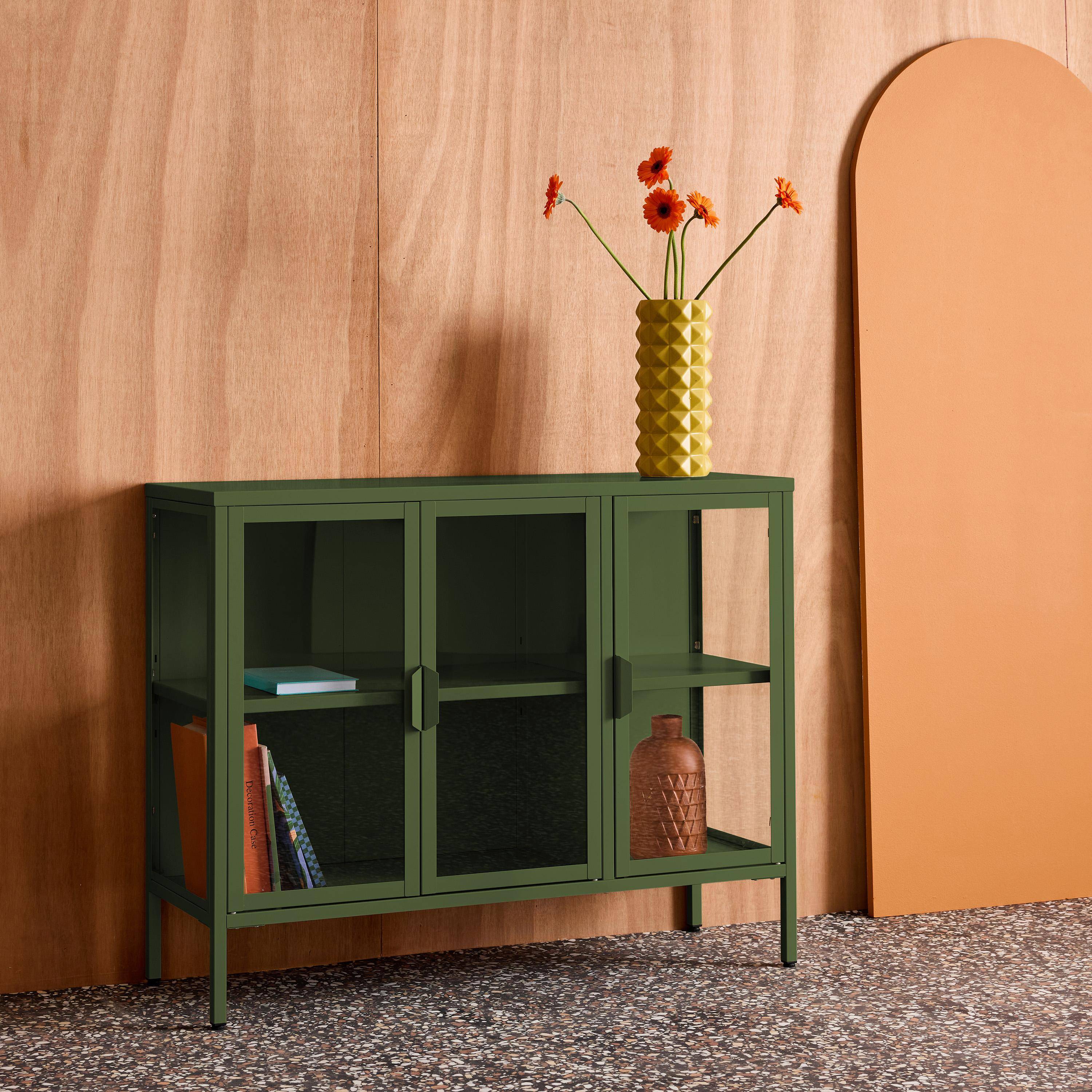 Aparador industrial de metal e vidro temperado 3 portas, 100cm Verde - 100x35x80 cm Photo3