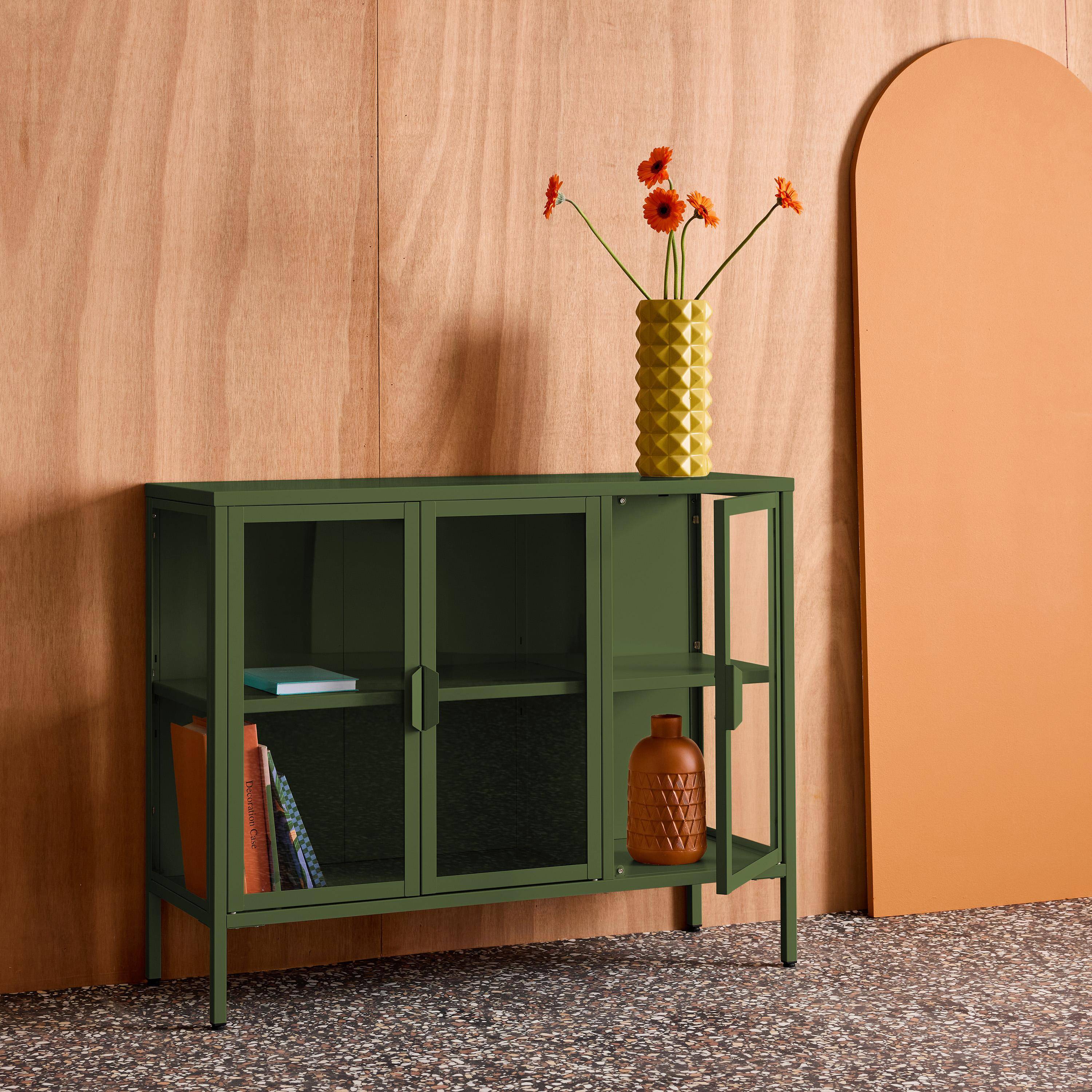 Aparador industrial de metal e vidro temperado 3 portas, 100cm Verde - 100x35x80 cm,sweeek,Photo4