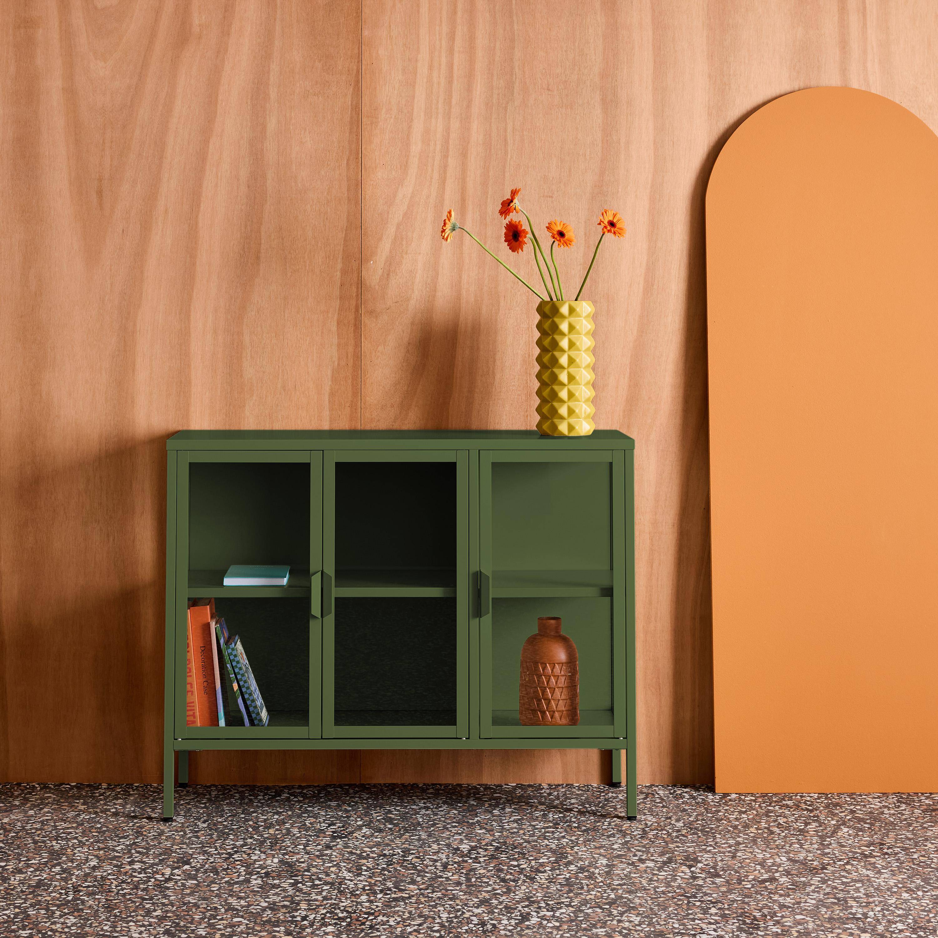 Aparador industrial de metal e vidro temperado 3 portas, 100cm Verde - 100x35x80 cm Photo1