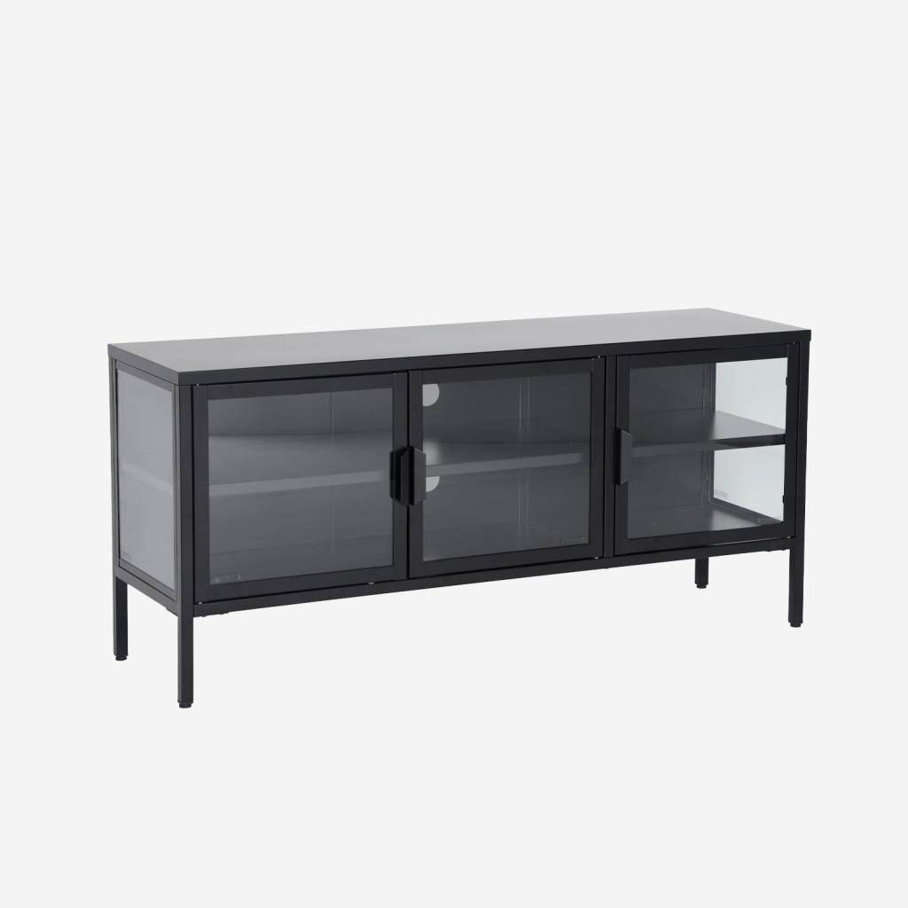 Meuble TV industriel métal et verre trempé 3 portes 120cm noir