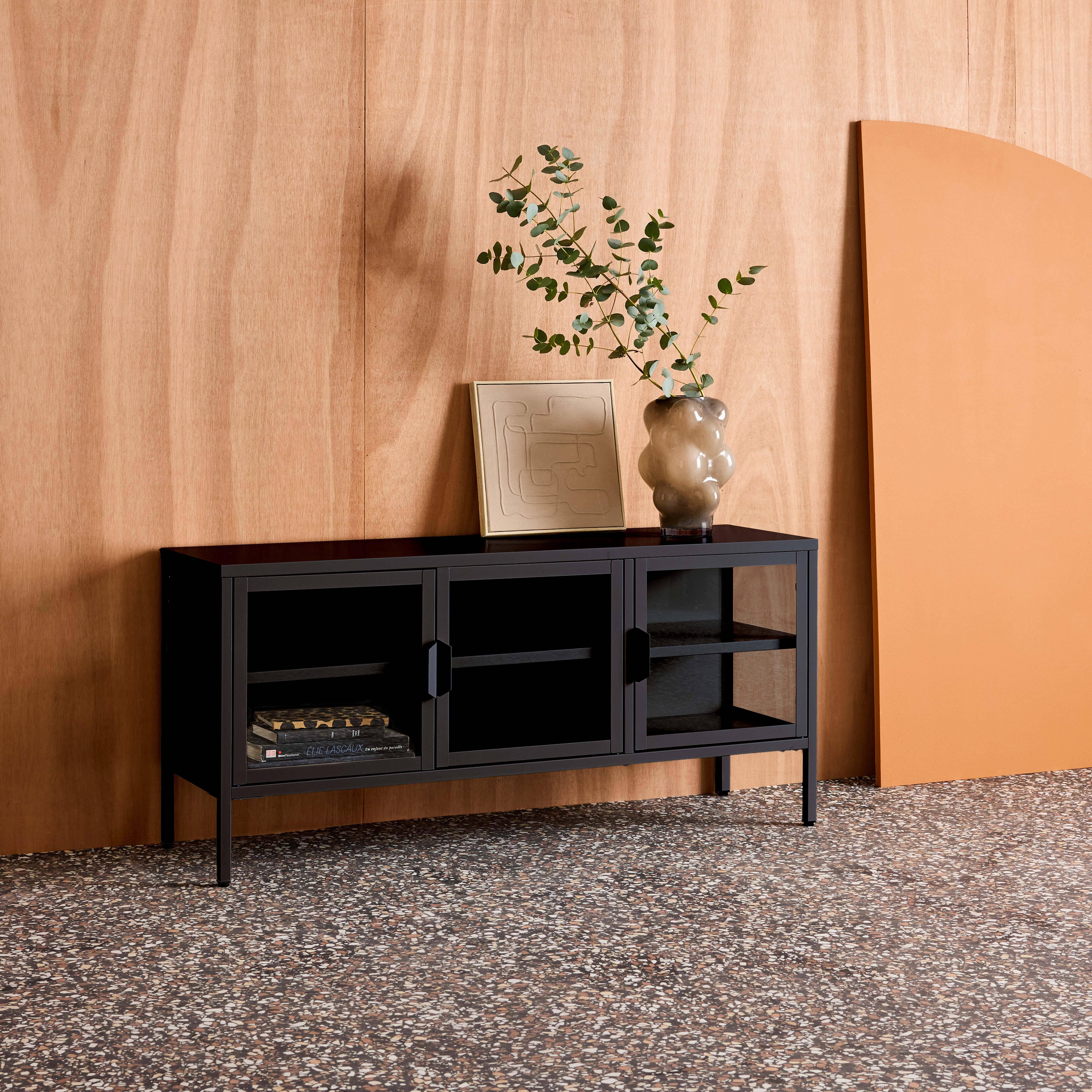 Mueble de TV industrial de metal y vidrio templado con 3 puertas, 120cm Negro - 120x35x55 cm Photo4