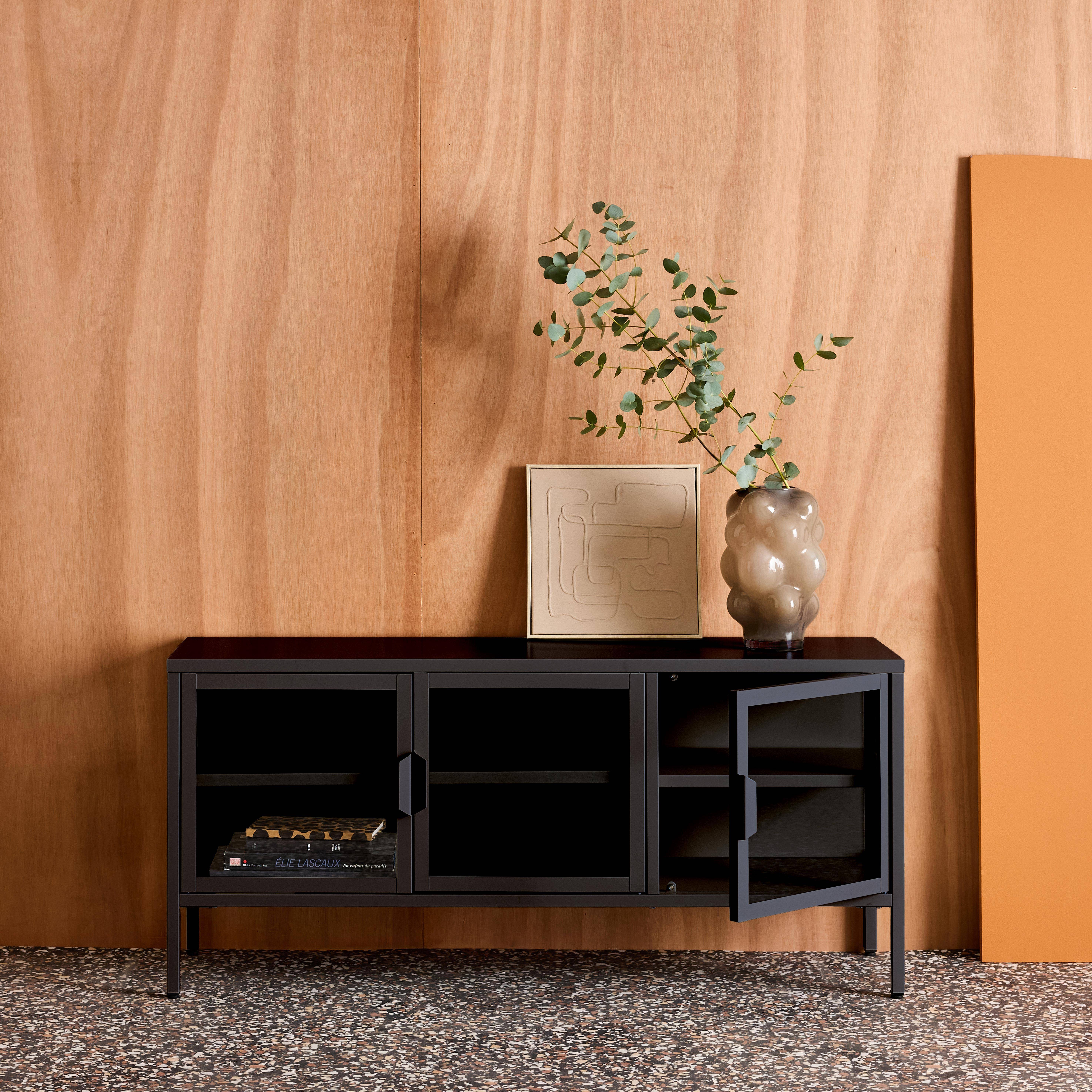 Mueble de TV industrial de metal y vidrio templado con 3 puertas, 120cm Negro - 120x35x55 cm Photo2