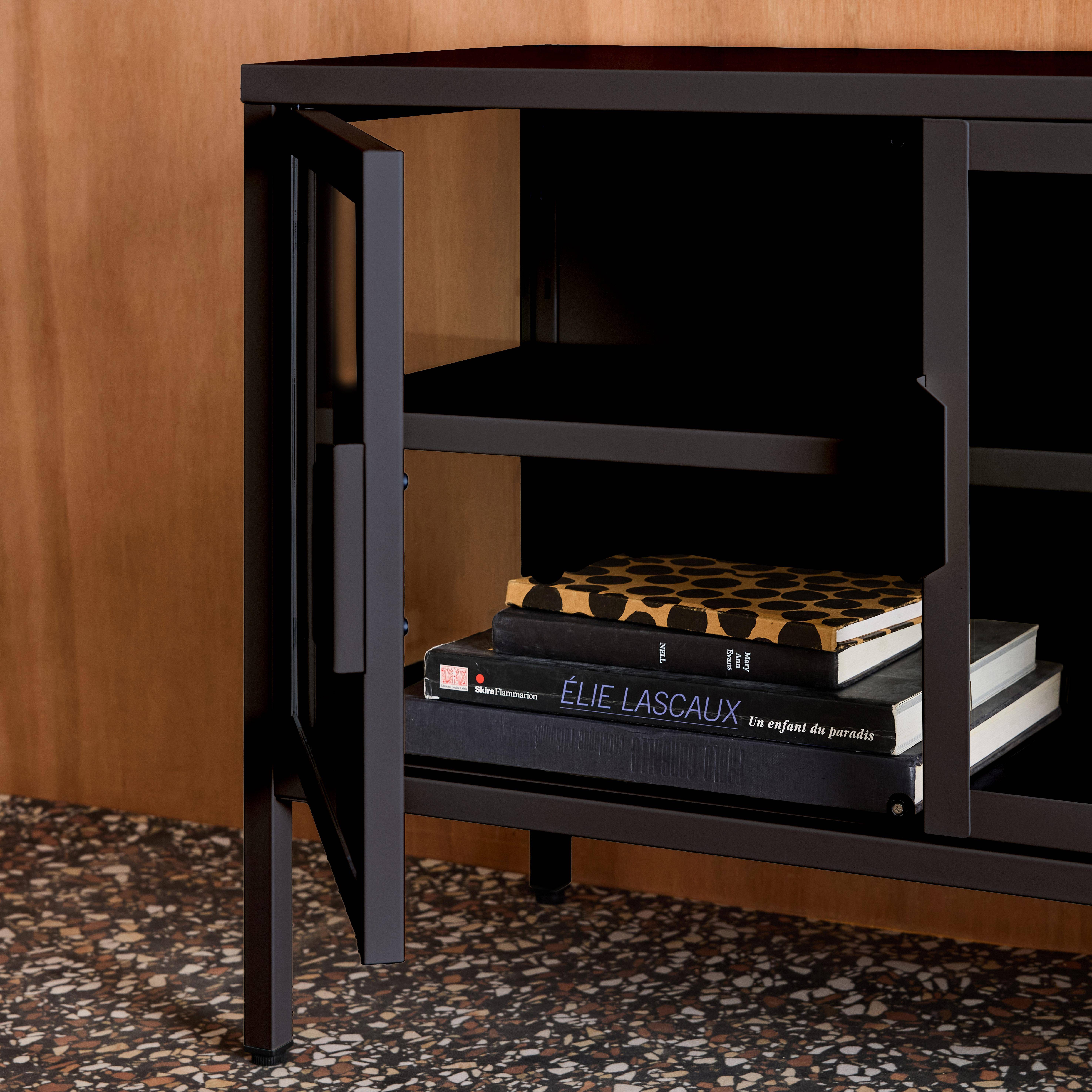 Mueble de TV industrial de metal y vidrio templado con 3 puertas, 120cm Negro - 120x35x55 cm Photo6