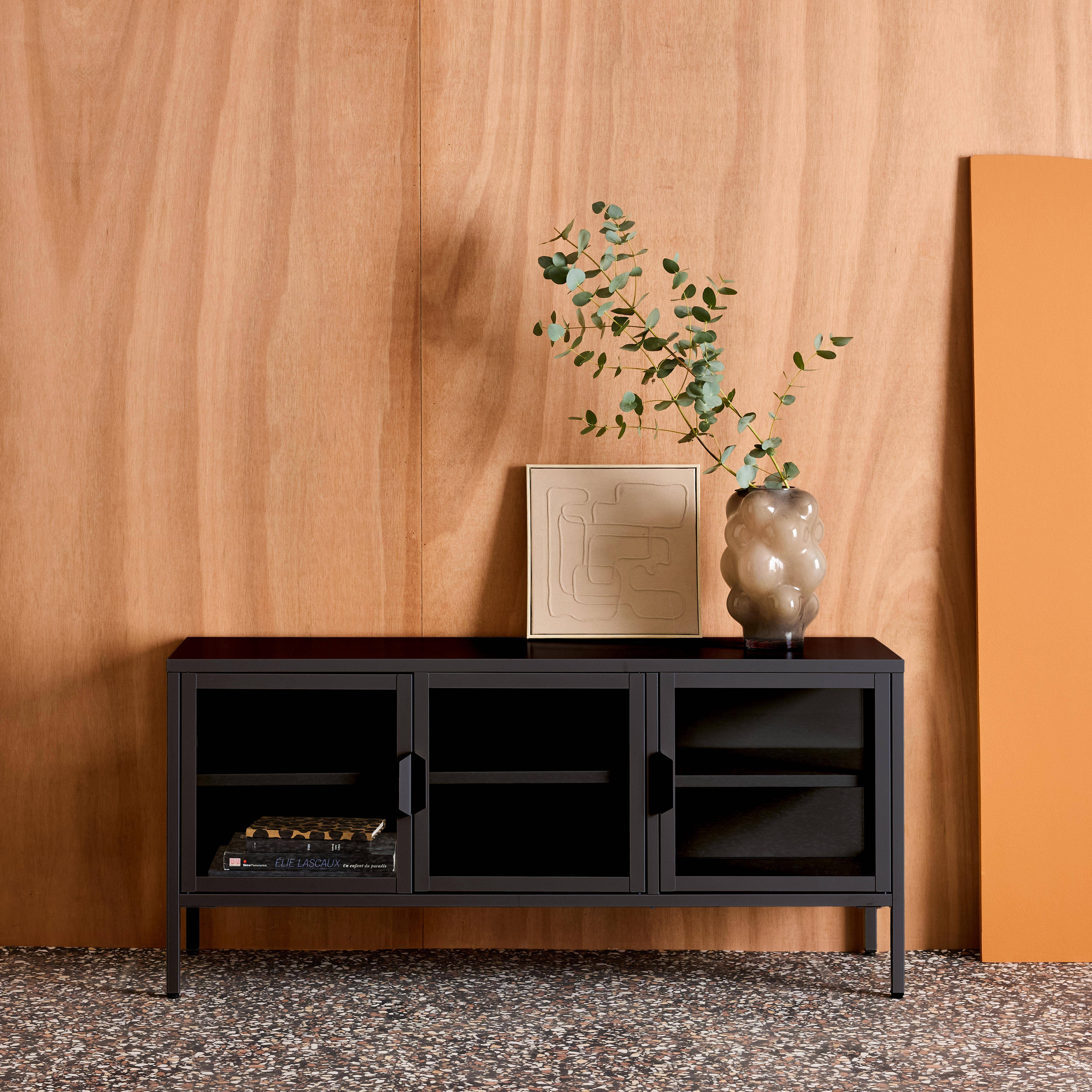 Mueble de TV industrial de metal y vidrio templado con 3 puertas, 120cm Negro - 120x35x55 cm Photo1