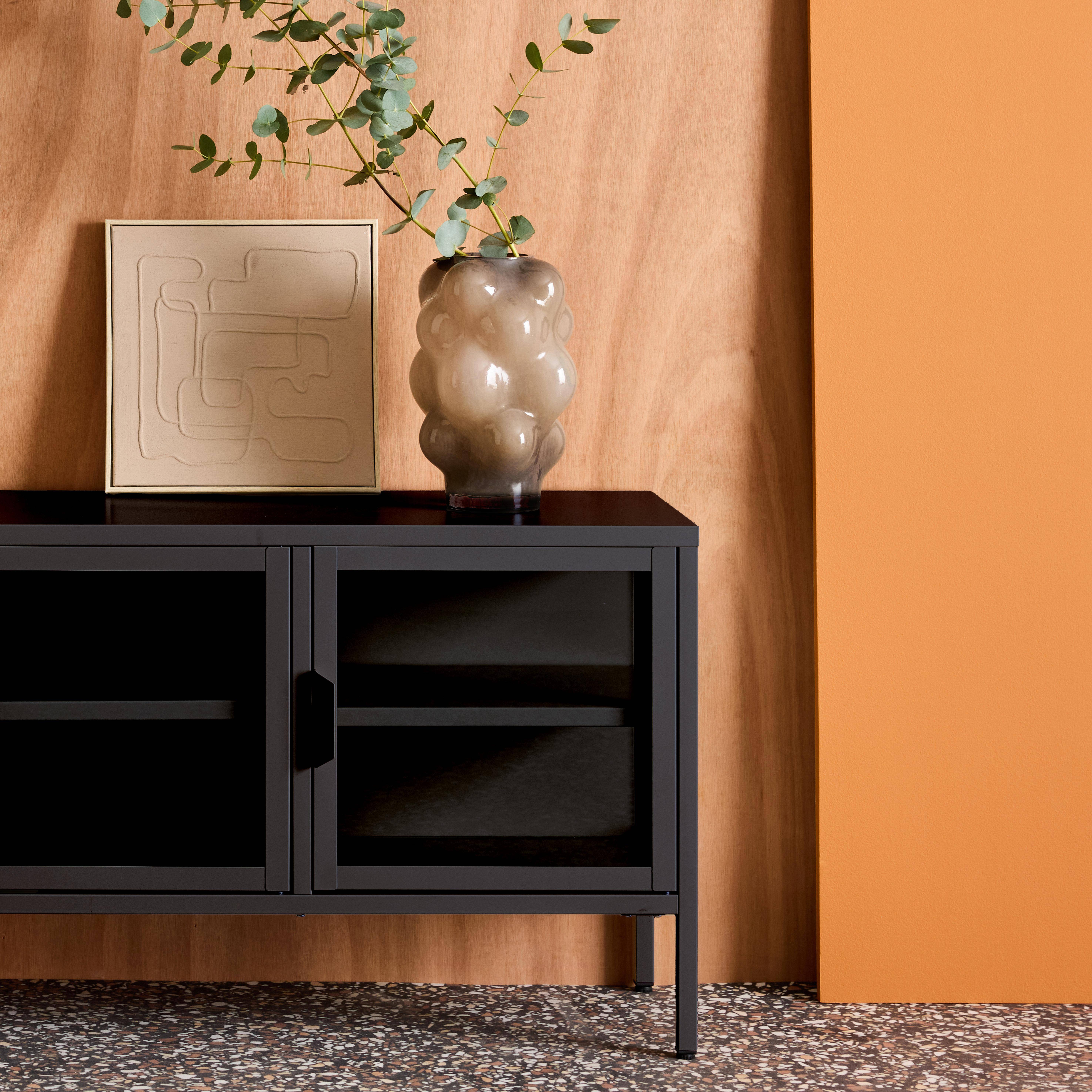 Mueble de TV industrial de metal y vidrio templado con 3 puertas, 120cm Negro - 120x35x55 cm Photo5