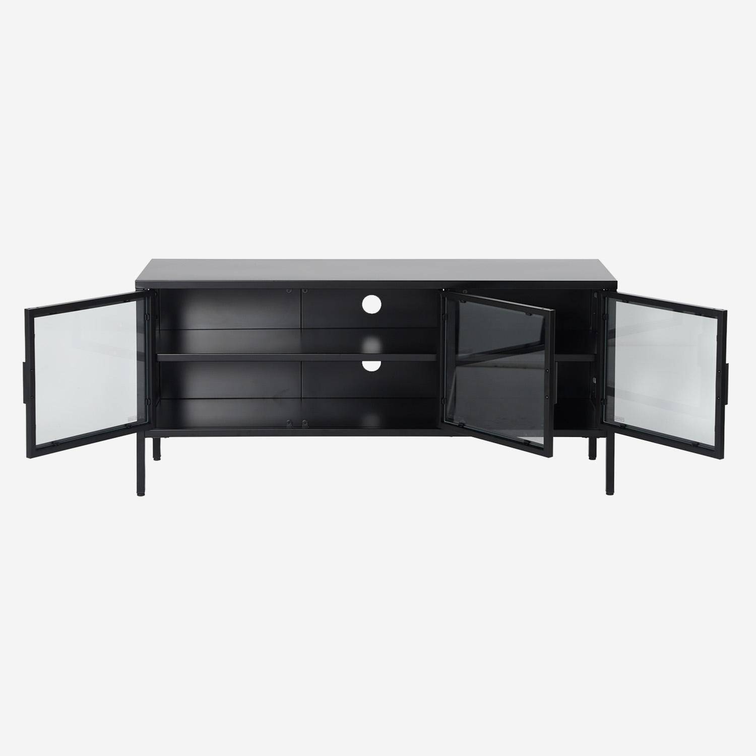 Meuble TV industriel métal et verre trempé 3 portes 120cm noir - Arkansas,sweeek,Photo2