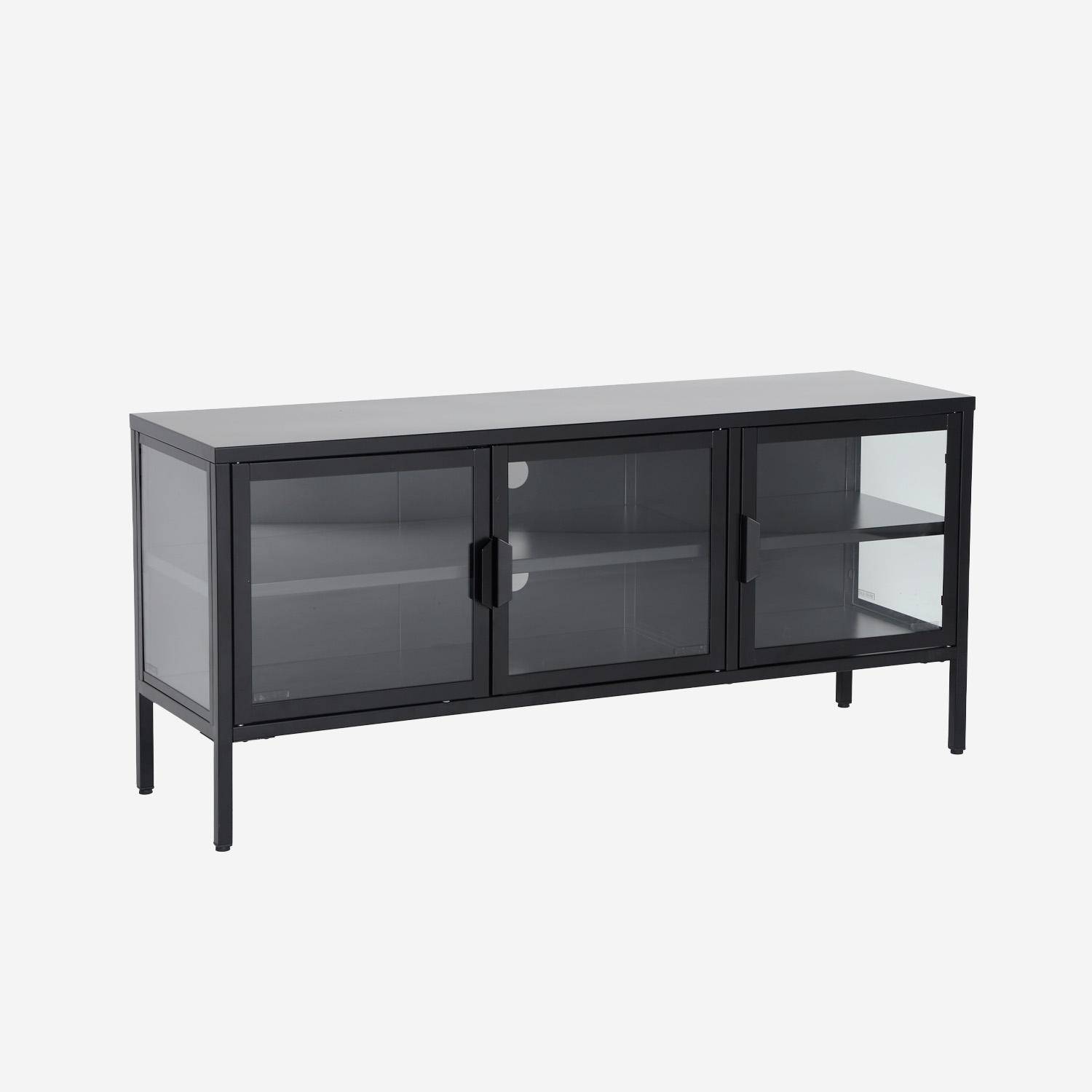 Mueble de TV industrial de metal y vidrio templado con 3 puertas, 120cm Negro - 120x35x55 cm,sweeek,Photo7