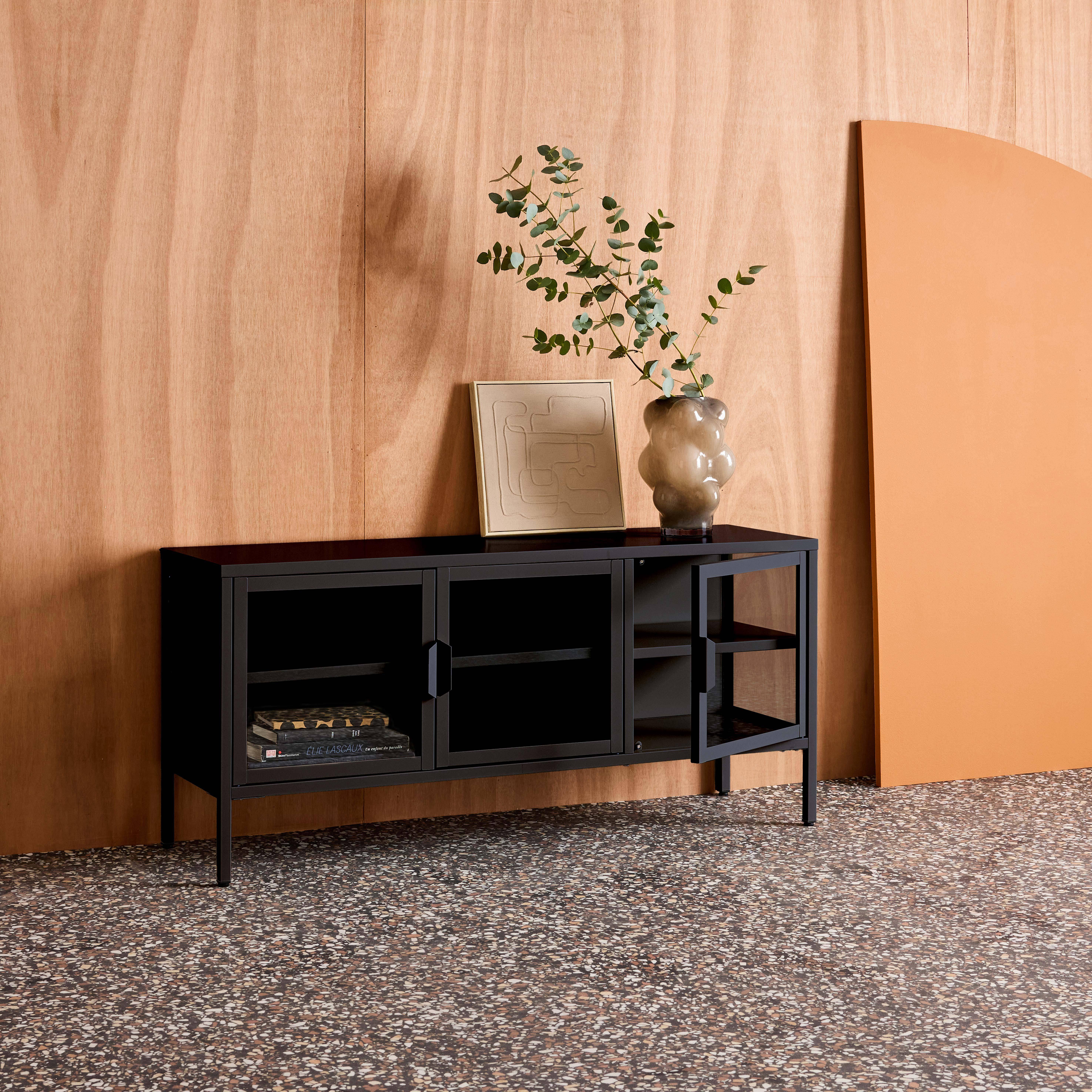 Mueble de TV industrial de metal y vidrio templado con 3 puertas, 120cm Negro - 120x35x55 cm Photo3