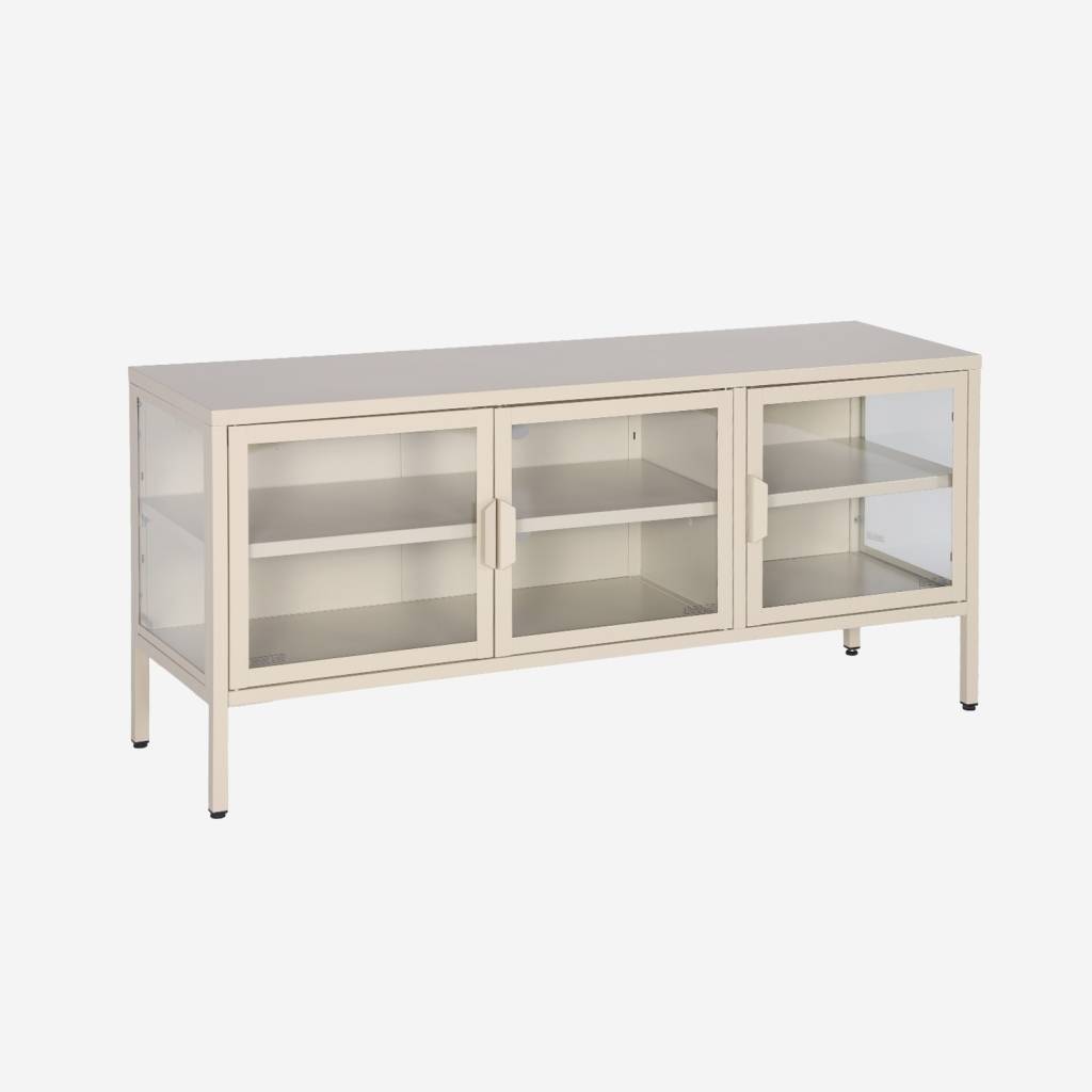 Meuble TV industriel métal et verre trempé 3 portes 120cm crème