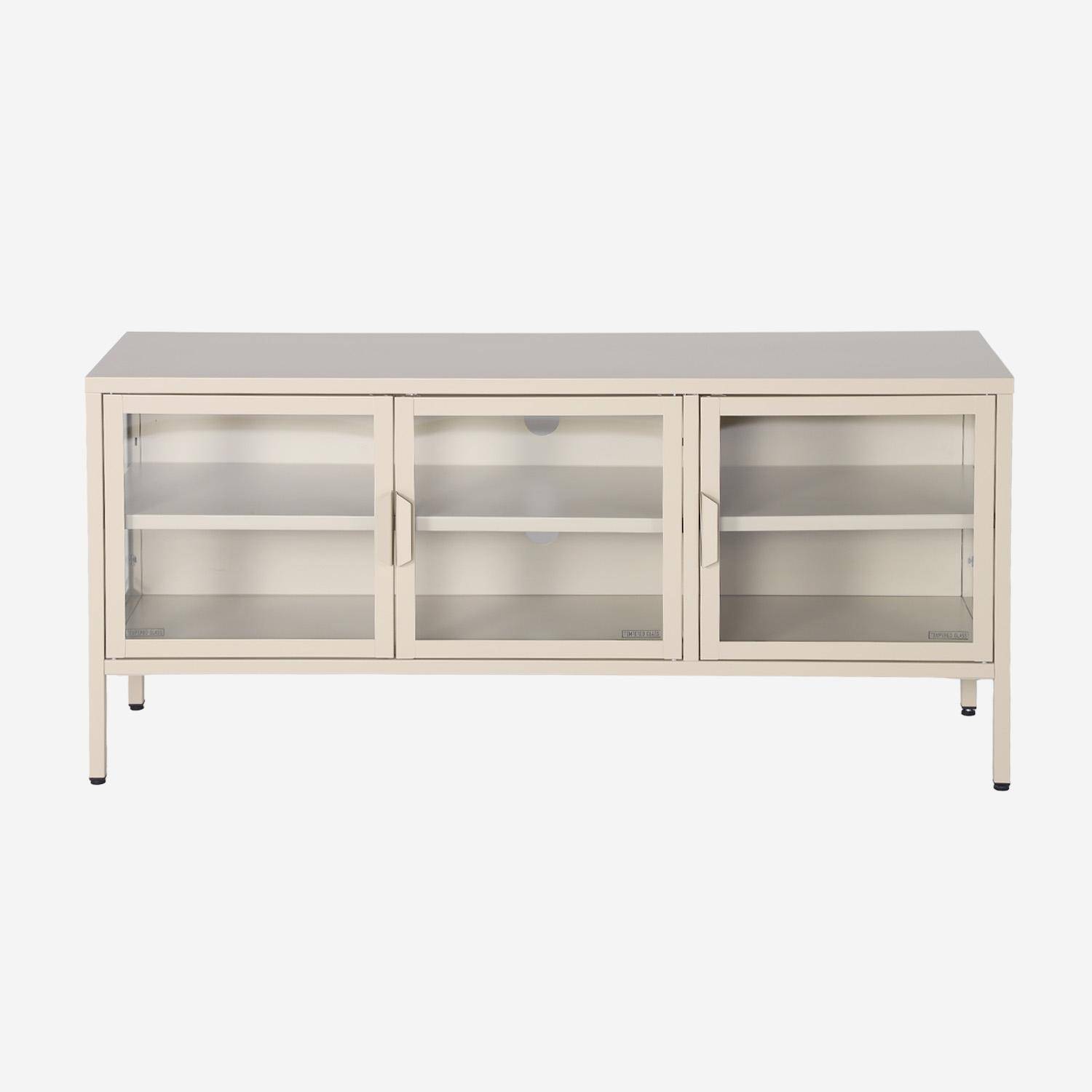 Meuble TV industriel métal et verre trempé 3 portes 120cm crème - Arkansas,sweeek,Photo1
