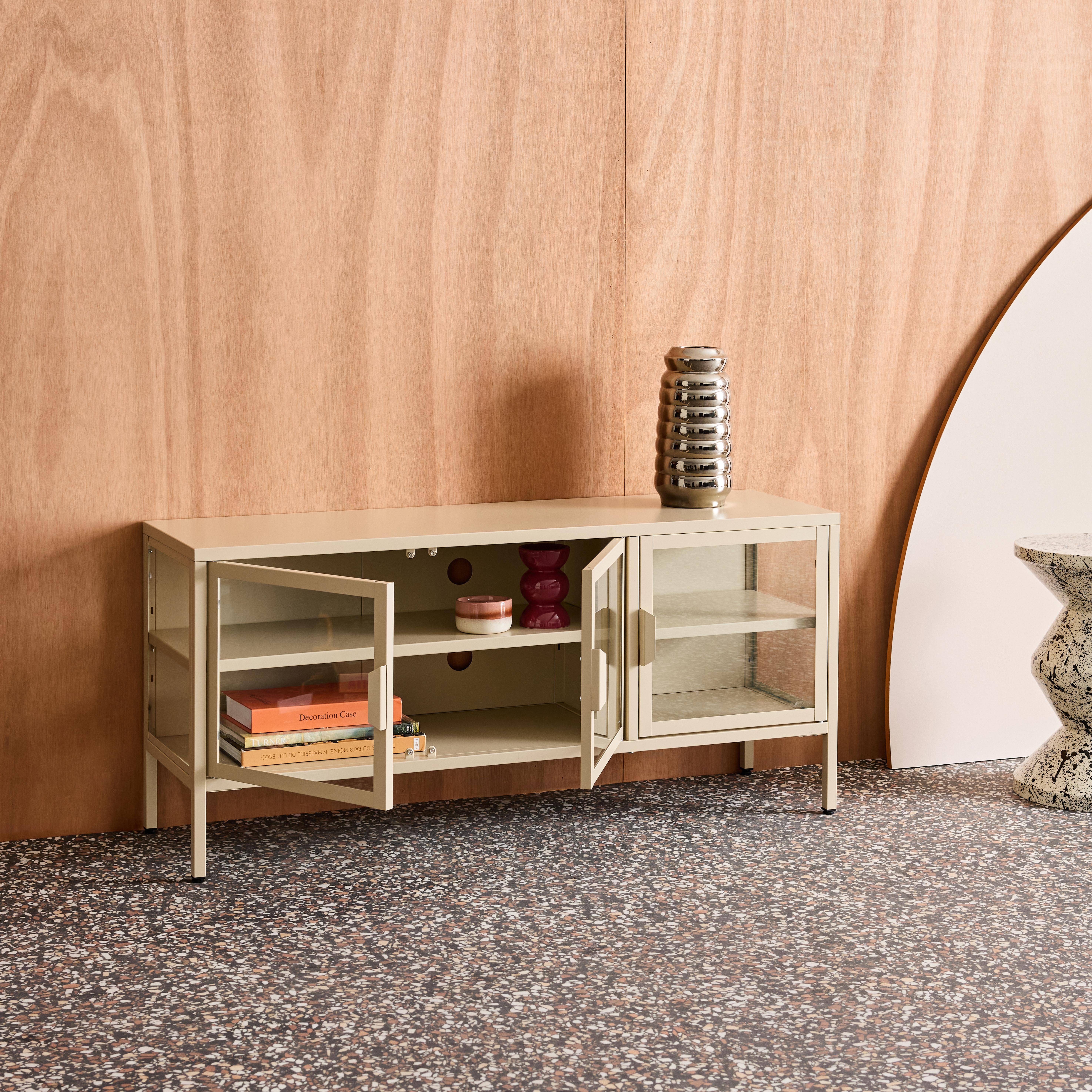 Industrial metal and tempered glass TV stand with 3 doors 120cm, Arkansas, Beige, 120x35x55 cm Photo5