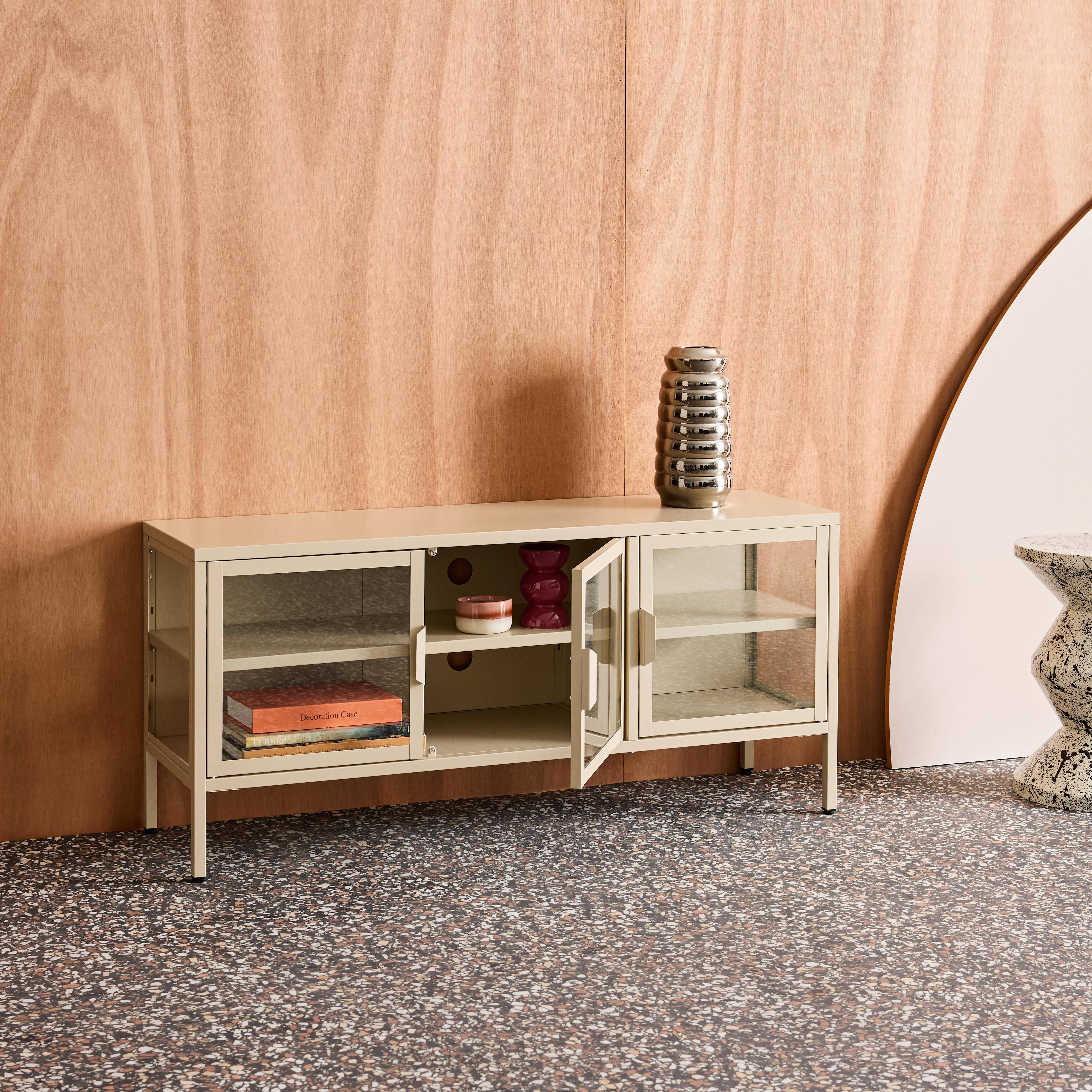 Industrial metal and tempered glass TV stand with 3 doors 120cm, Arkansas, Beige, 120x35x55 cm Photo4