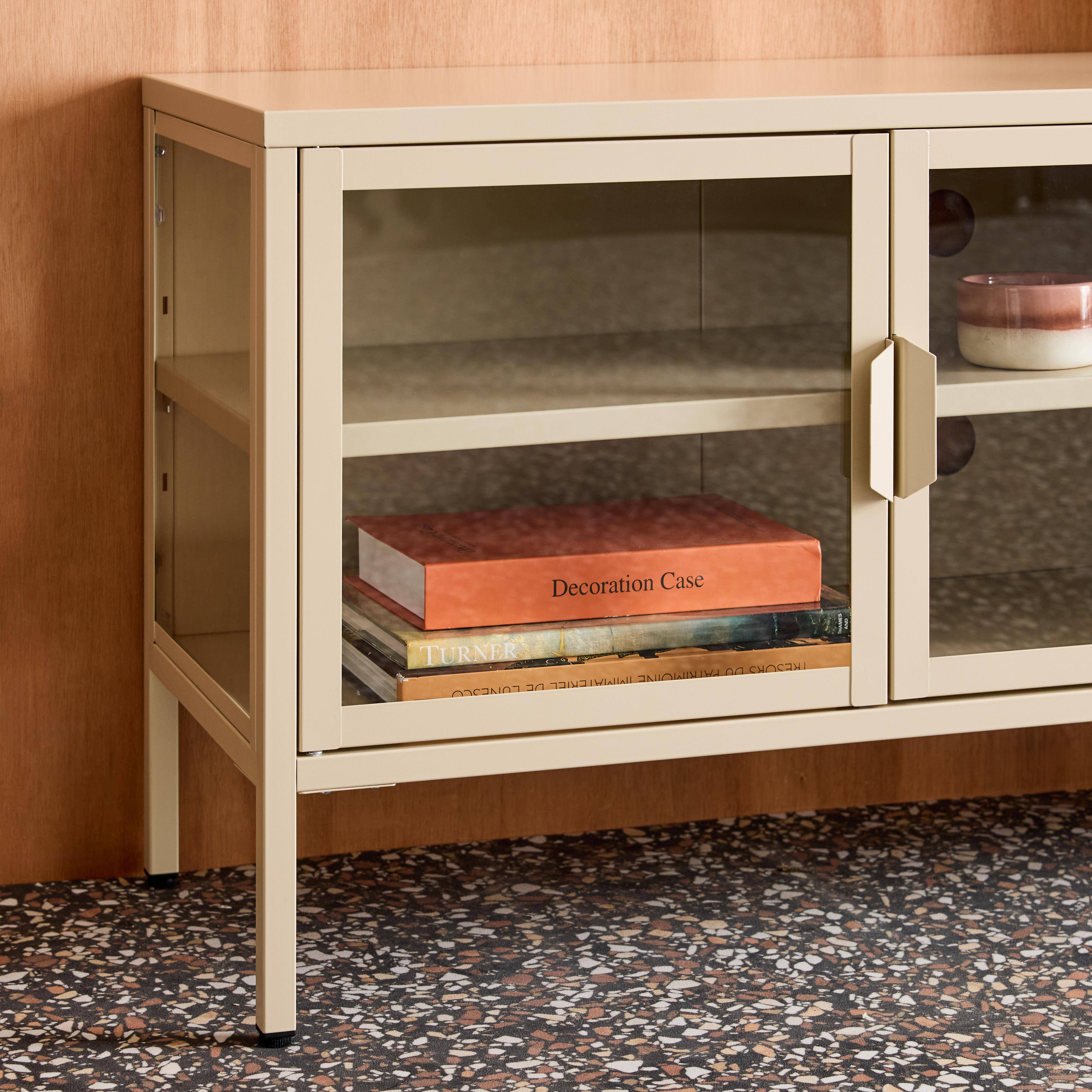 Industrial metal and tempered glass TV stand with 3 doors 120cm, Arkansas, Beige, 120x35x55 cm Photo7