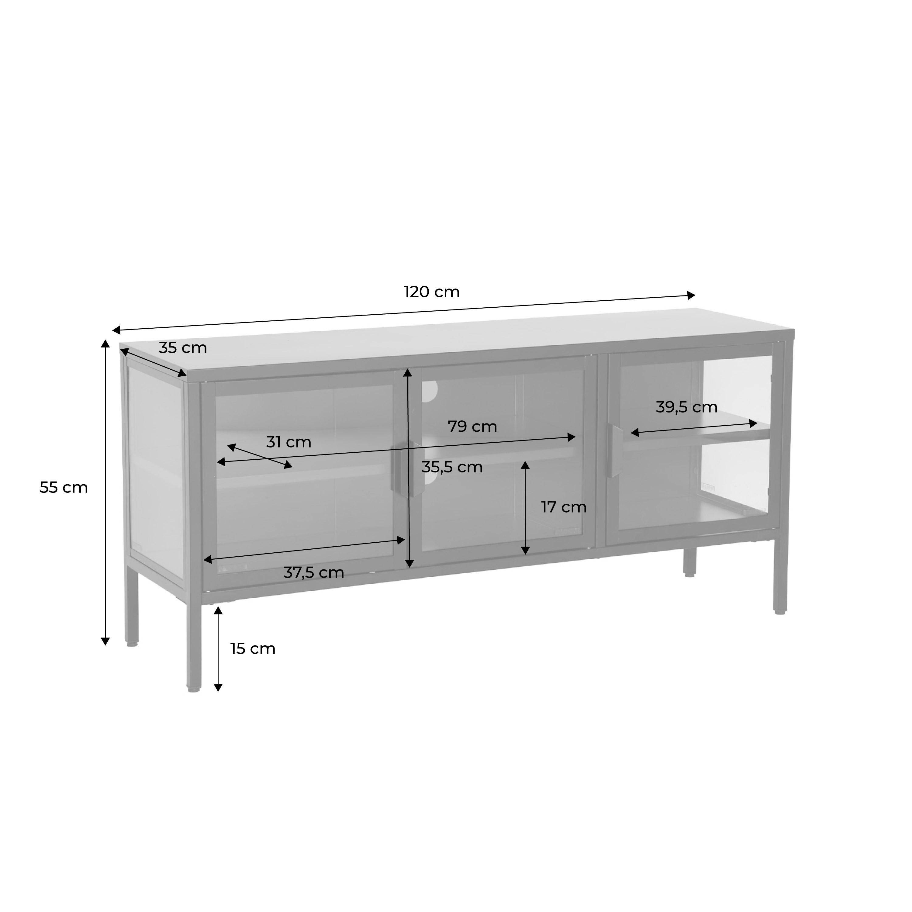 Meuble TV industriel métal et verre trempé 3 portes 120cm crème - Arkansas,sweeek,Photo4