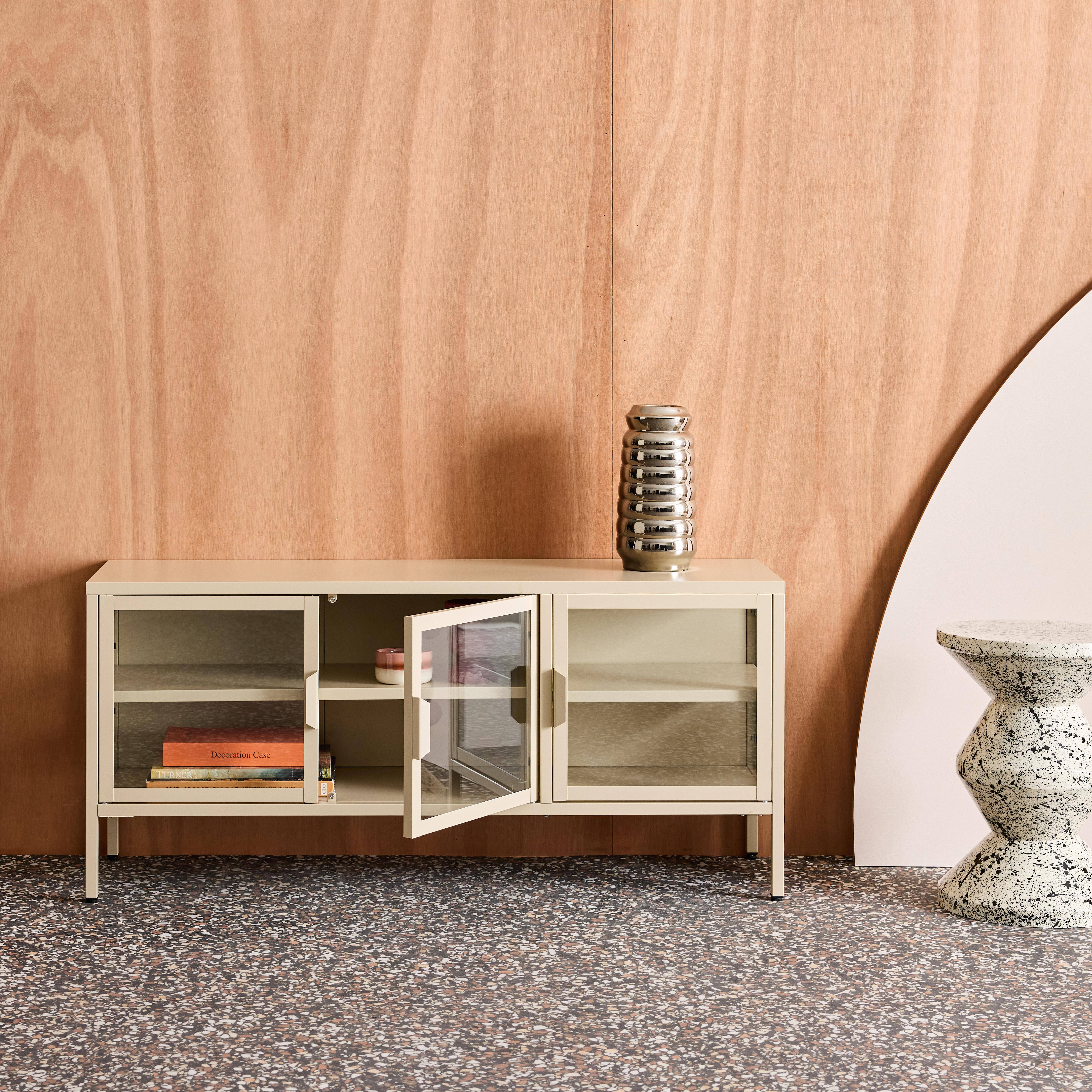 Industrial metal and tempered glass TV stand with 3 doors 120cm, Arkansas, Beige, 120x35x55 cm Photo2