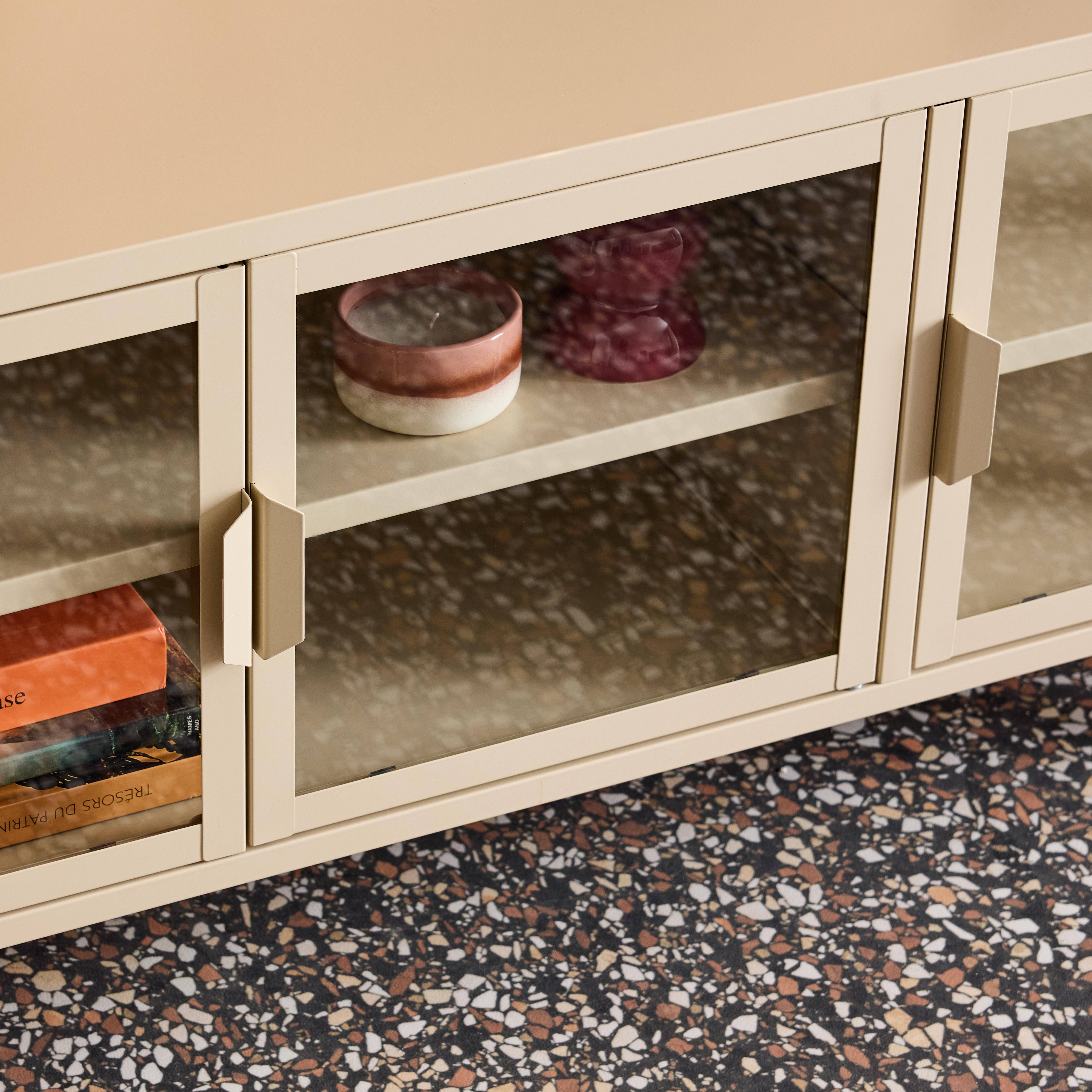 Industrial metal and tempered glass TV stand with 3 doors 120cm, Arkansas, Beige, 120x35x55 cm Photo6