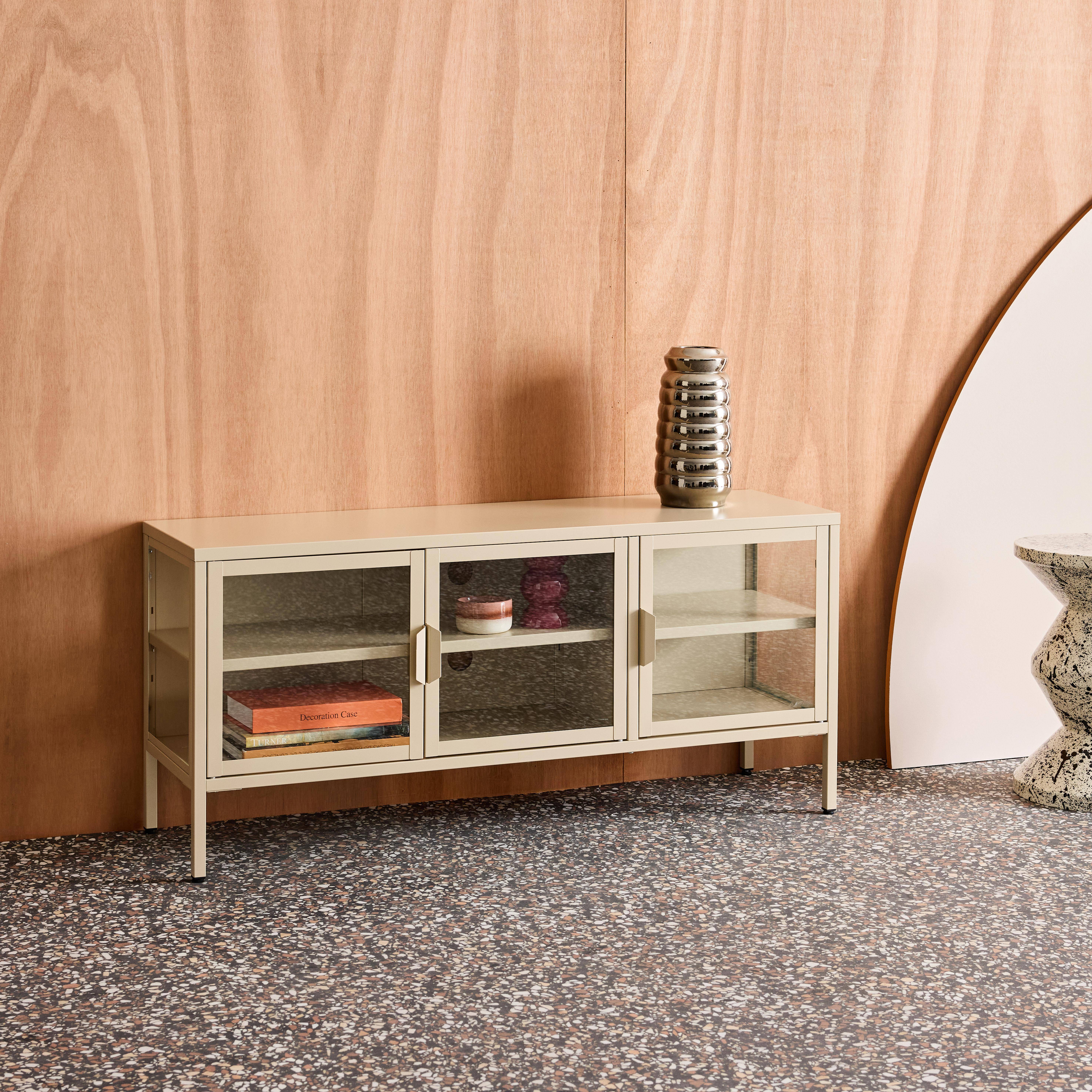 Industrial metal and tempered glass TV stand with 3 doors 120cm, Arkansas, Beige, 120x35x55 cm Photo3