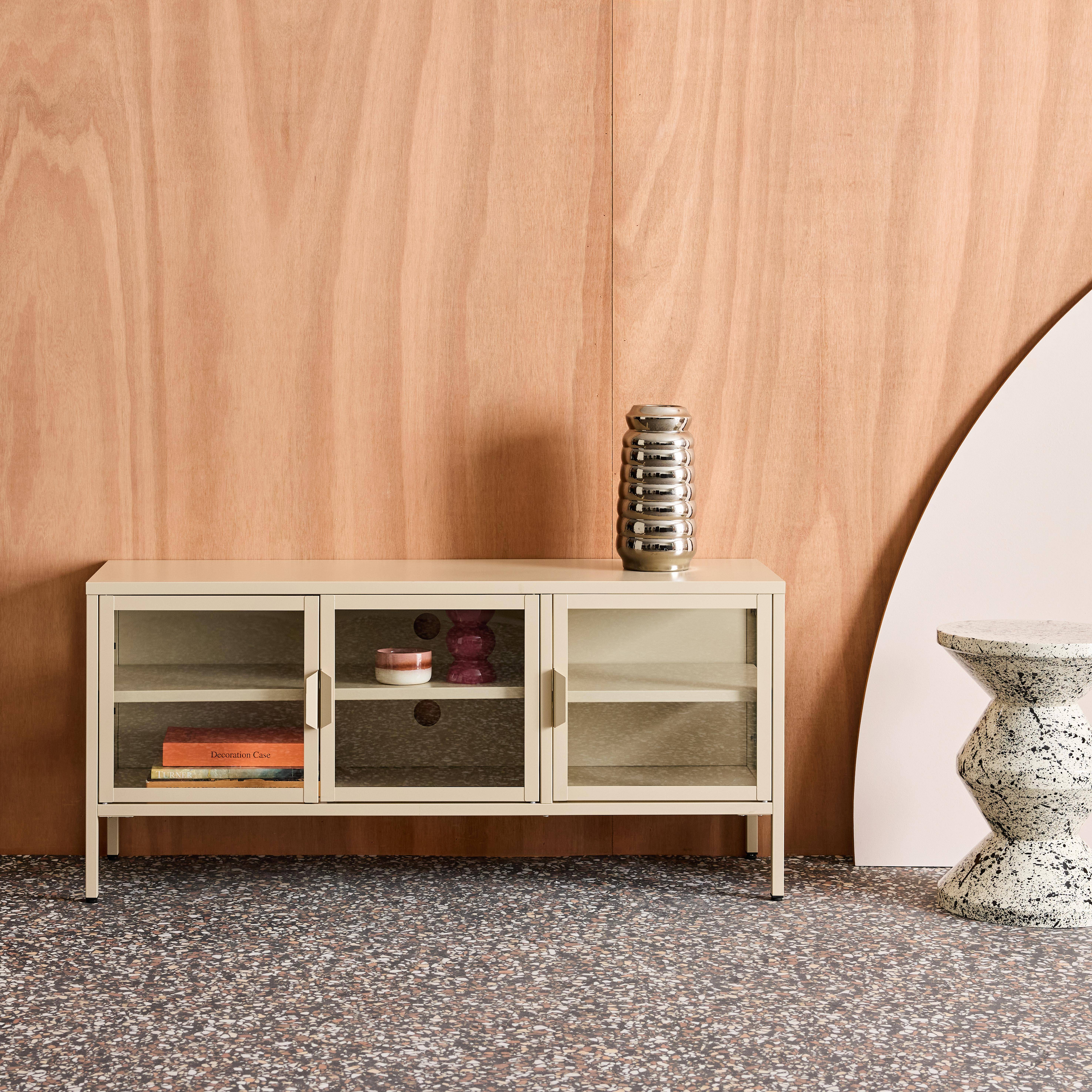Industrial metal and tempered glass TV stand with 3 doors 120cm, Arkansas, Beige, 120x35x55 cm Photo1