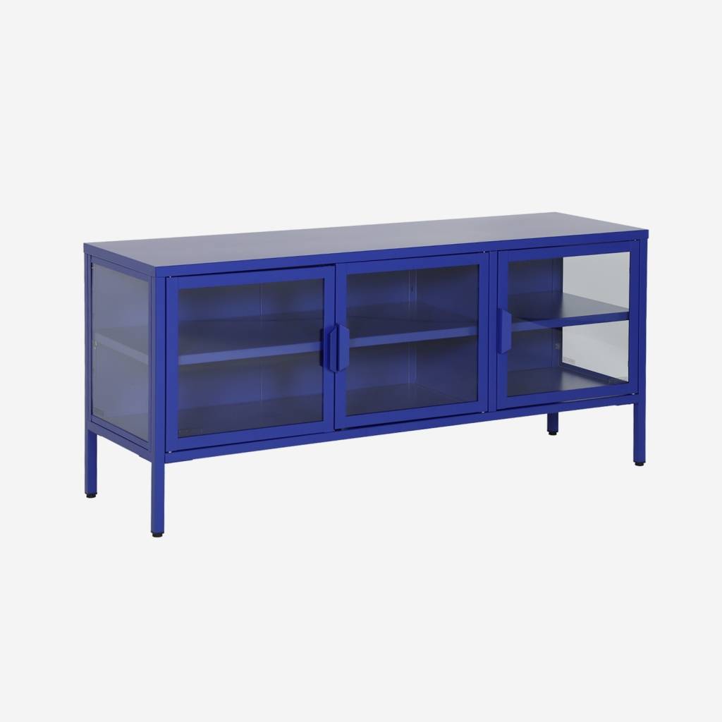 Meuble TV industriel métal et verre trempé 3 portes 120cm bleu
