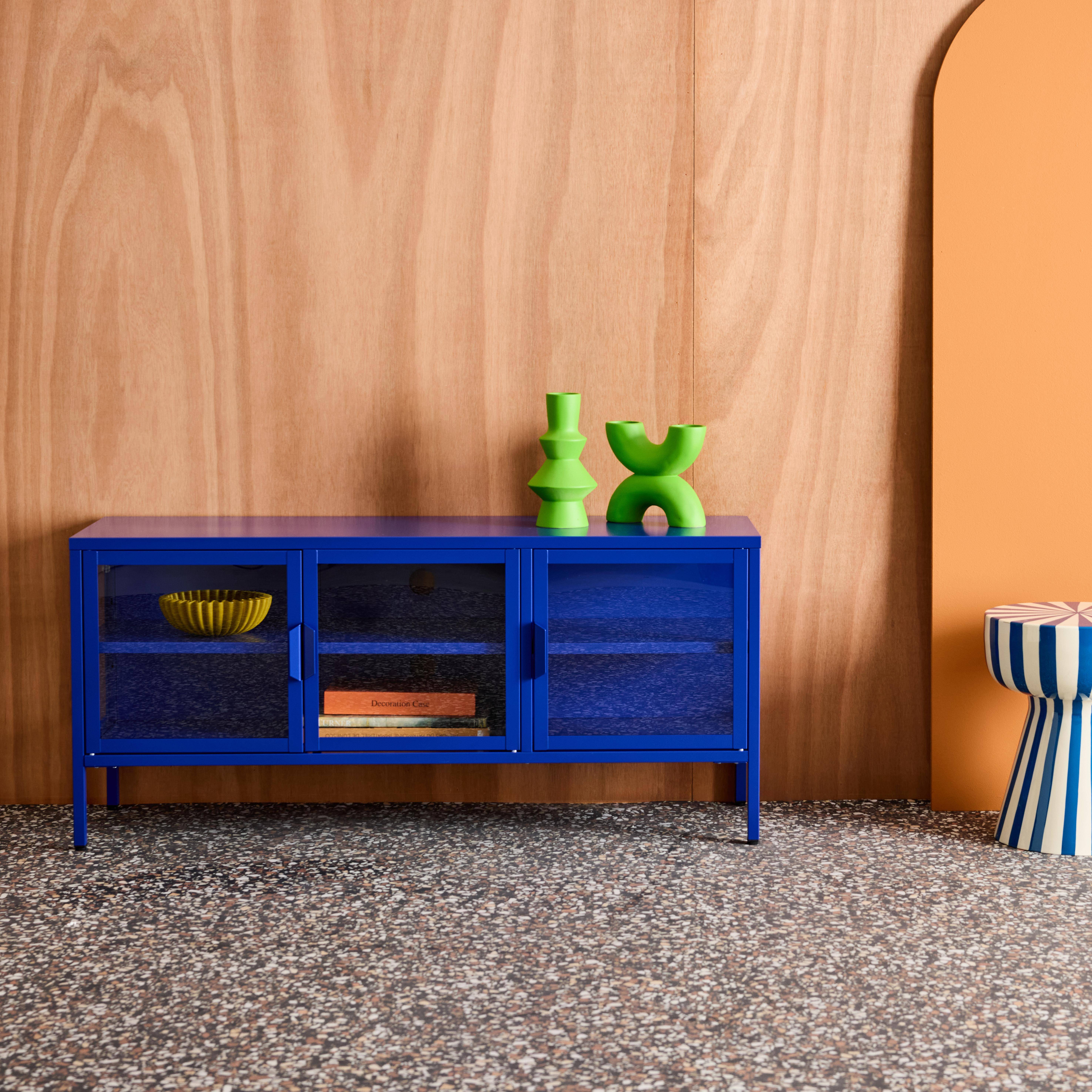 Industrial metal and tempered glass TV stand with 3 doors 120cm Blue 120x35x55 cm - Arkansas Photo1